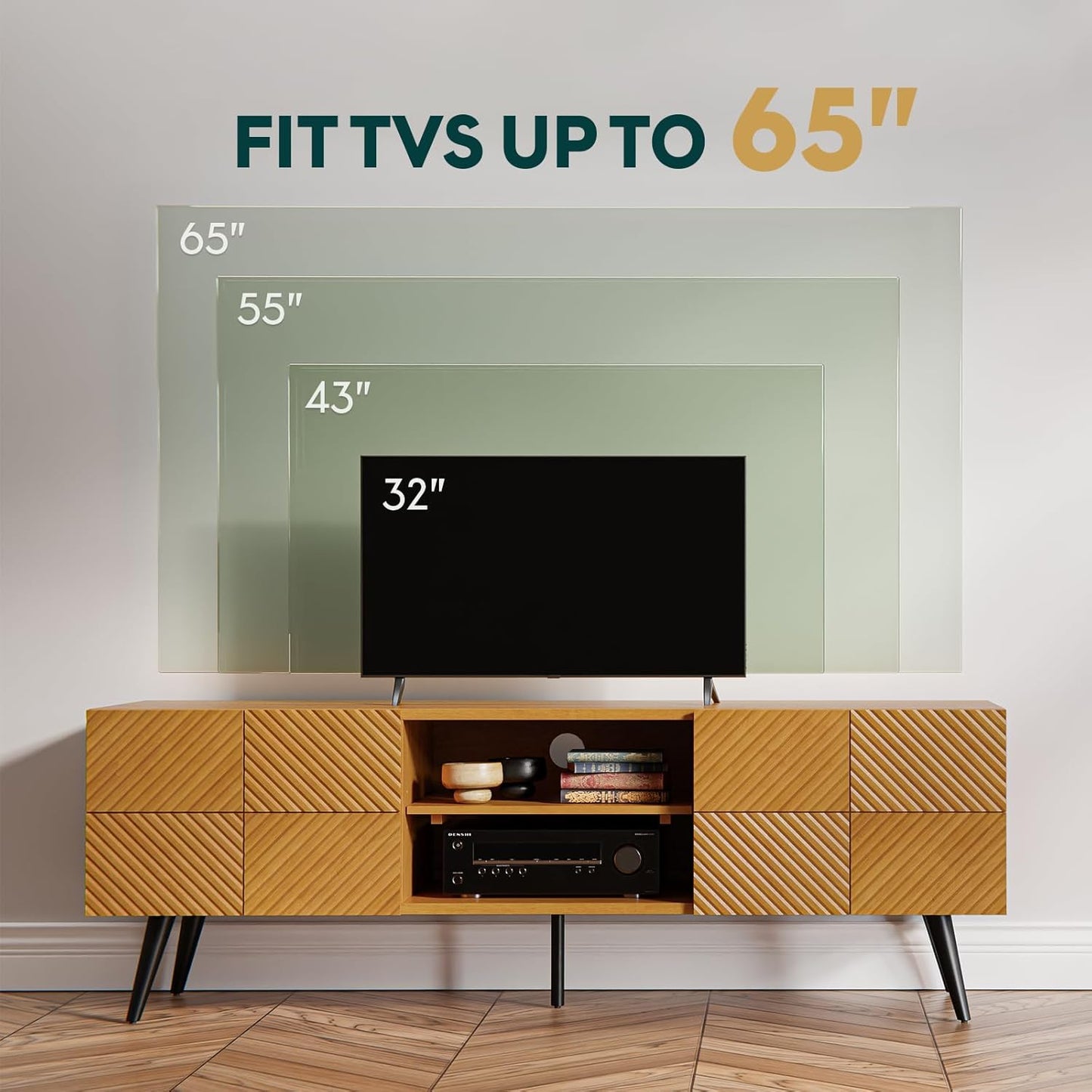 Bme Rhombus Wooden TV Stand with Storage Cabinets – Solid Acacia Wood, Geometric Rhombus Pattern Doors, Scandinavian Modern Entertainment Console with Metal Base
