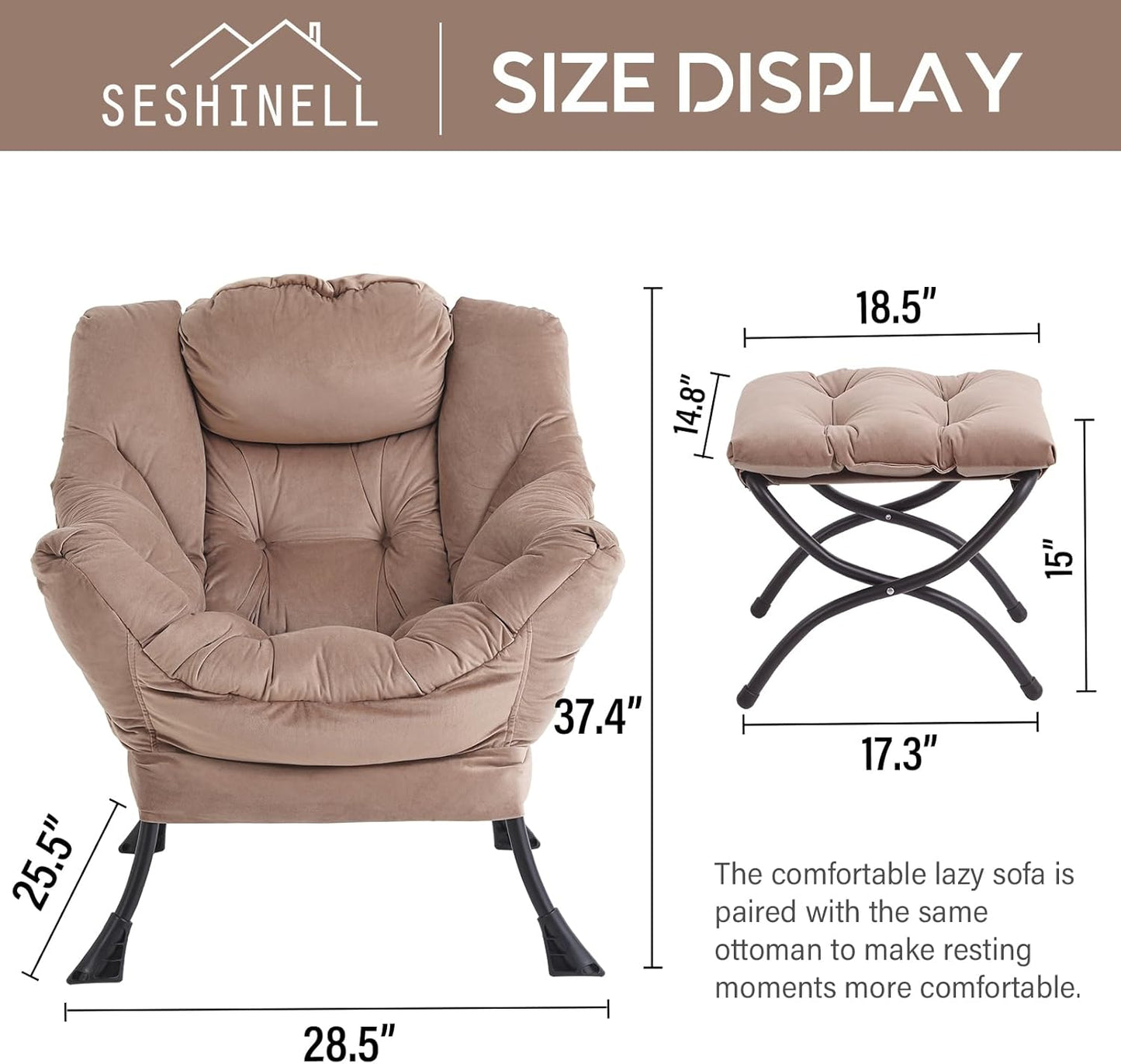 Lazy Chair with Ottoman, Modern Accent Chair Contemporary Lounge Leisure Sofa Chair with Armrests, Reading Chair and Folding Footstool Set for Living Room, Bedroom, Office, Khaki