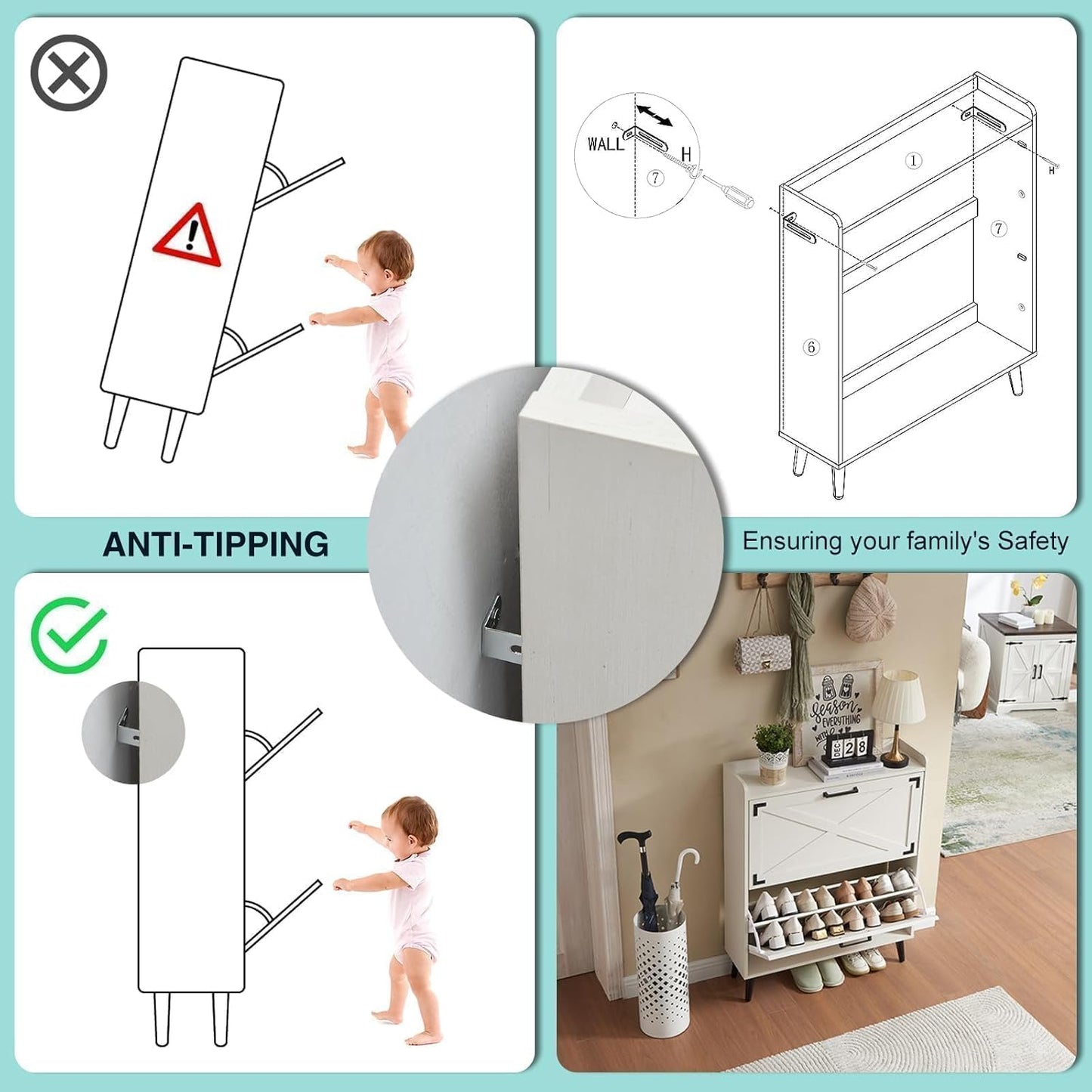 Shoe Storage Cabinet,Farmhouse Shoe Organizer with 2 Flip Drawers & Barn Door Design,Freestanding Hidden Slim Narrow Shoe Rack Cabinet for Entryway,Foyer,Hallway,Antique White
