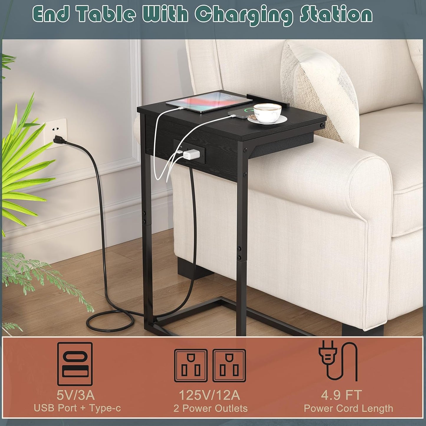 C Shaped End Table with Charging Station, 45° Tiltable Adjustable Flip Top Side Table with Storage,Small C Table for Small Spaces,Slide Under Couch Sofa Bedside Table for Living Room, Black