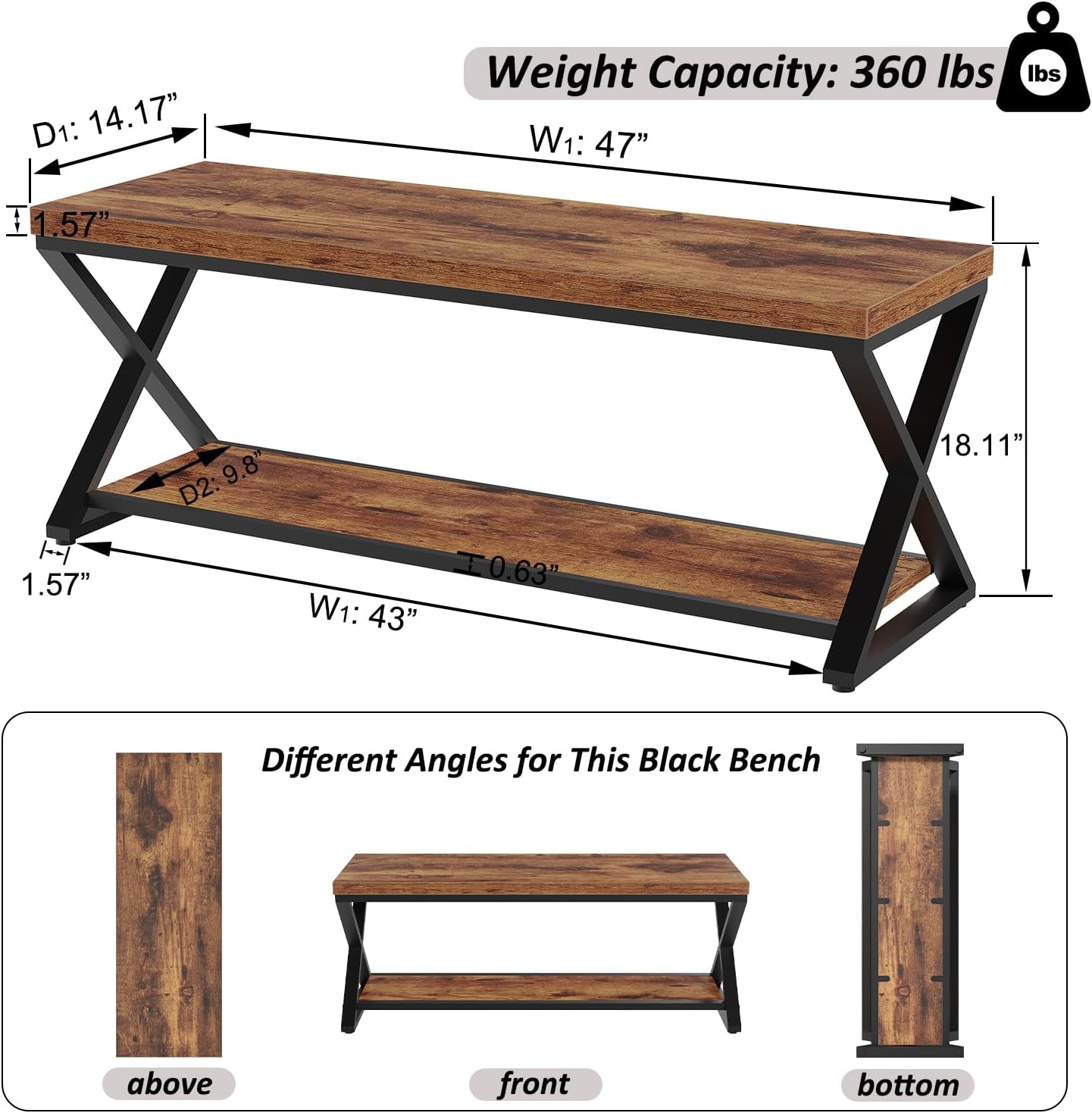 IBF Farmhouse Wood Bench, Industrial Storage Entryway Indoor Bench for Bedroom Hallway Living Room, Rustic Wooden Metal Shoe Rack Accent Foyer Bench Seat for Entrance Sitting, Rustic Brown, 47 in Long