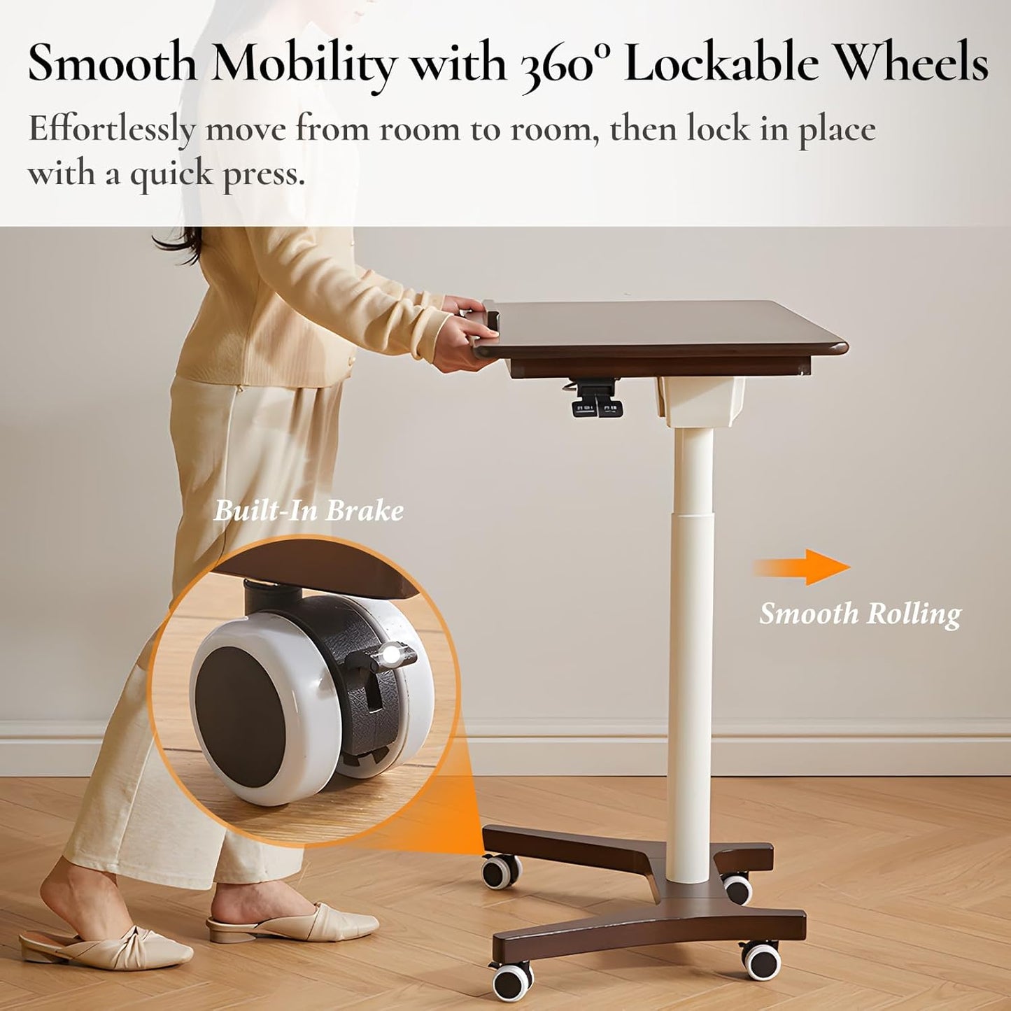 Adjustable Computer Desk, Solid Wood Folding Desk with Wheels, Mobile Home Office Laptop Table, Sit Stand Workstation, Rolling Desk, 28.35-42.52 H x 31.5 W x 19.69 D Inches, Walnut