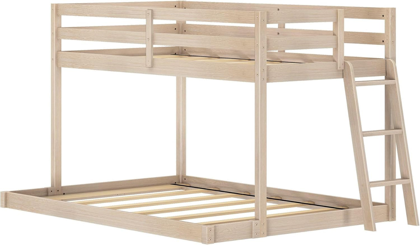 Grain & Grove Bear Twin Over Full Bunk Bed, Low Bunk Bed Frame for Kids, Bunk with Ladder, Guardrail and Slats, No Box Spring Required, Oak Embossed Natural