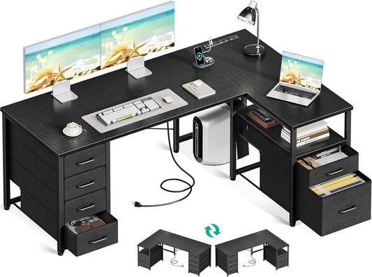 Coleshome L Shaped Computer Desk with 6 Drawers & Power Outlet, 55 Inch Corner Desk with Reversible Storage Shelf & File Drawer, Home Office Desk, Black