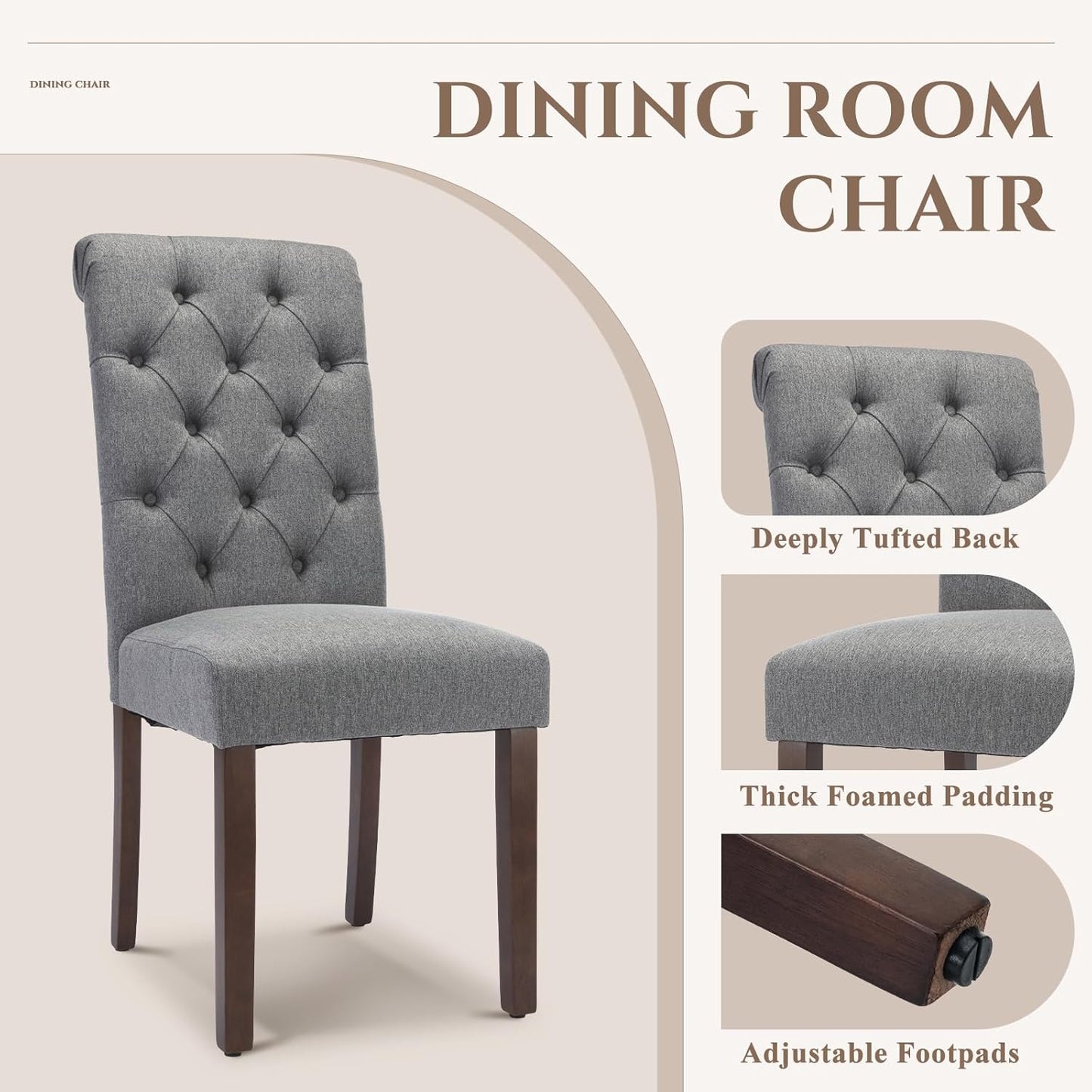 COLAMY Tufted Dining Chairs Set of 6, Parsons Dining Room Chairs Upholstered Fabric Diner Chair Stylish Kitchen Chairs with Solid Wood Legs and Padded Seat - Grey