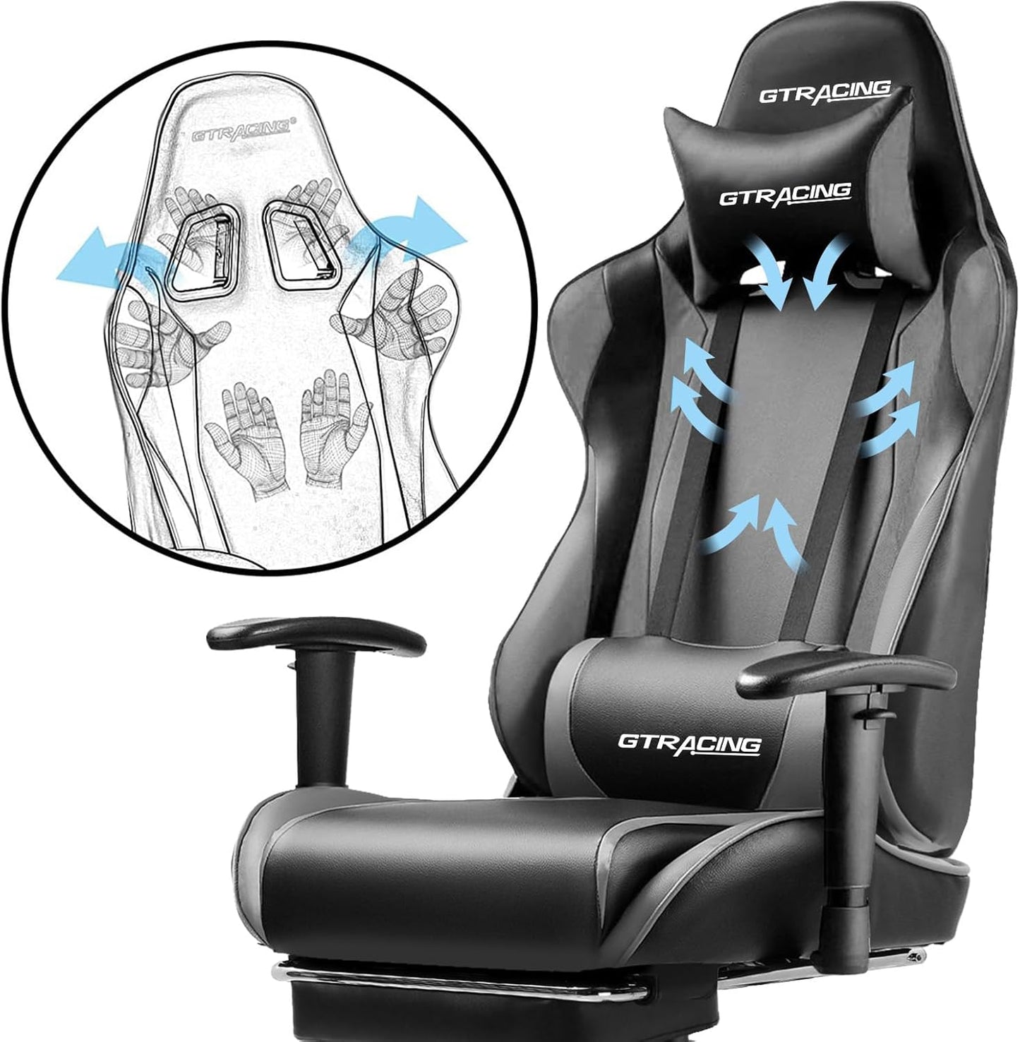 GTRACING Gaming Chair with Footrest, Ergonomic Computer Game Desk Chair, Reclining Gamer Chair Seat Height Adjustment, Swivel Rocker with Headrest and Lumbar (Gray)