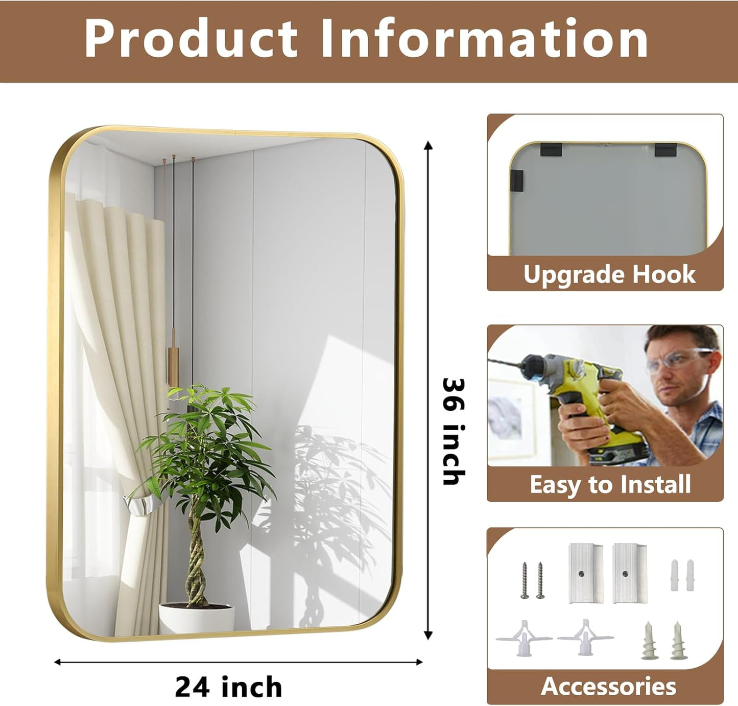 Brushed Gold Mirror, 24"x36" Rectangle Bathroom Mirror, Metal Frame Rectangle Corner Vanity Mirror, Wall Mounted Mirror for Modern, Living Room, Bedroom, Horizontal Or Vertical