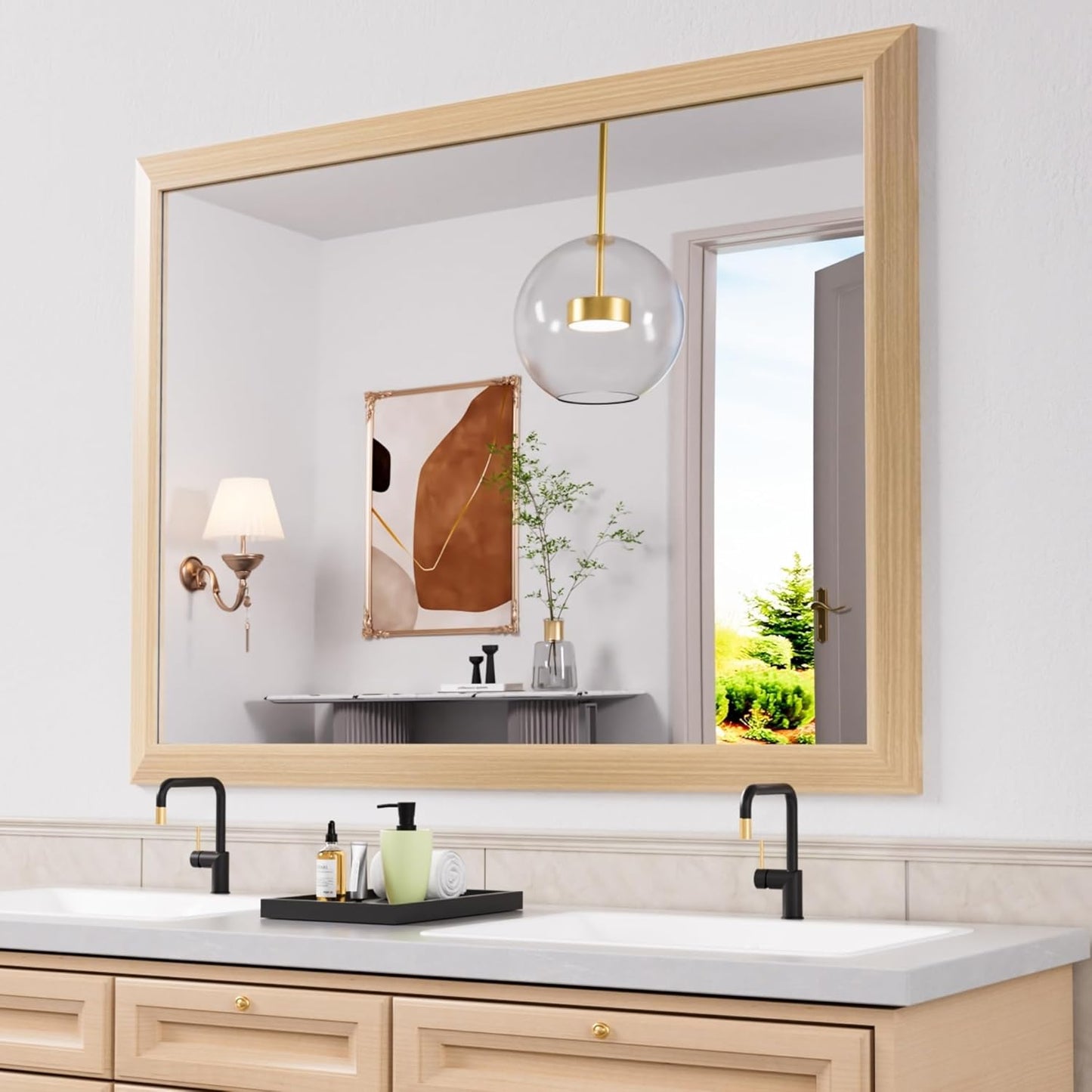 Amorho 48X36 Inch Bathroom Mirror for Wall, Oak Wood Grain Metal Framed Mirror, Anti-Rust, Hang Horizontally/Vertically, Suitable for Vanity, Bedroom, Farmhouse, Bathroom