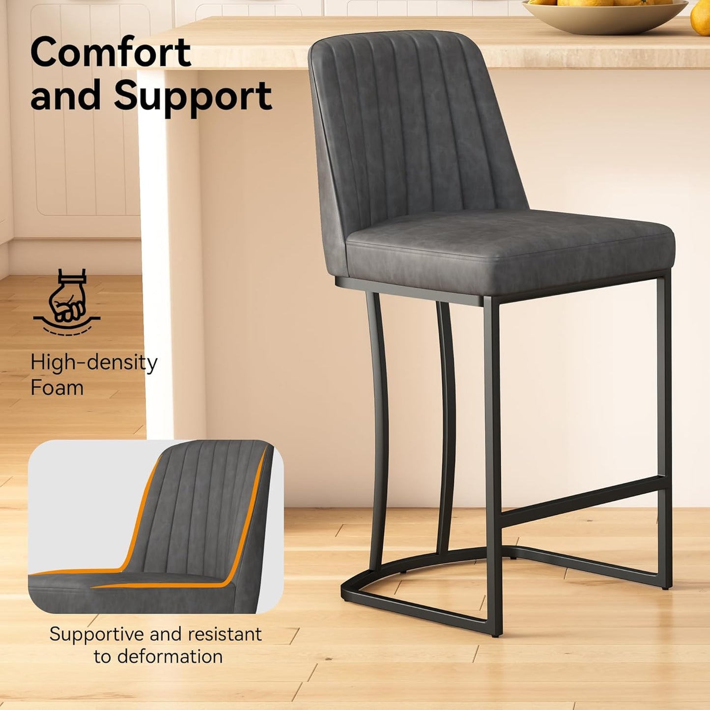 Bar Stools Set of 2, Faux Leather Counter Height Barstools, Upholstered Kitchen Counter Stools with Back and Stitching, 25.6" H Kitchen Island Stools Bar Chair, Metal Framed, Black Grey