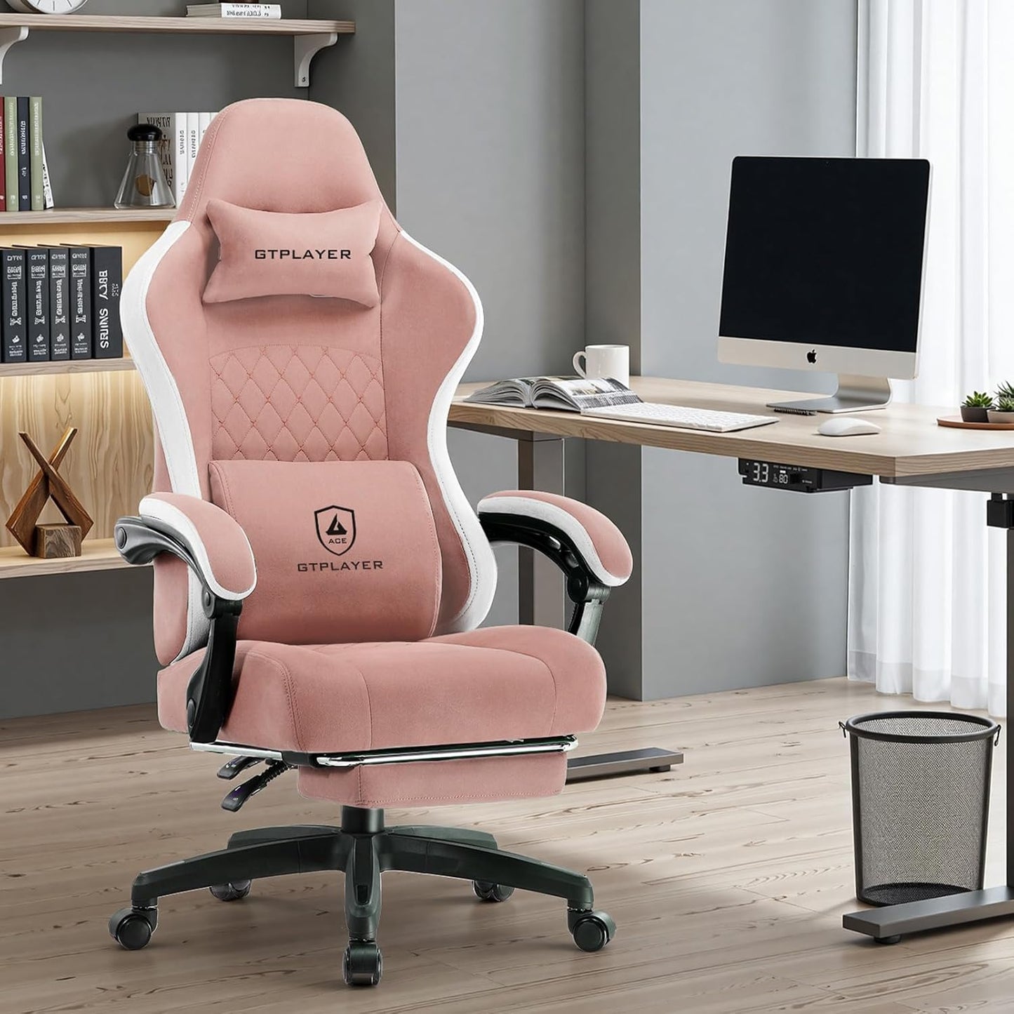 GTPLAYER Office Chair, Gaming Computer Desk Fabric Chair with Footrest, High Back Ergonomic Office Chair with Pocket Spring Lumbar Support and Linkage Armrests Adjustable Height Swivel for Home Task