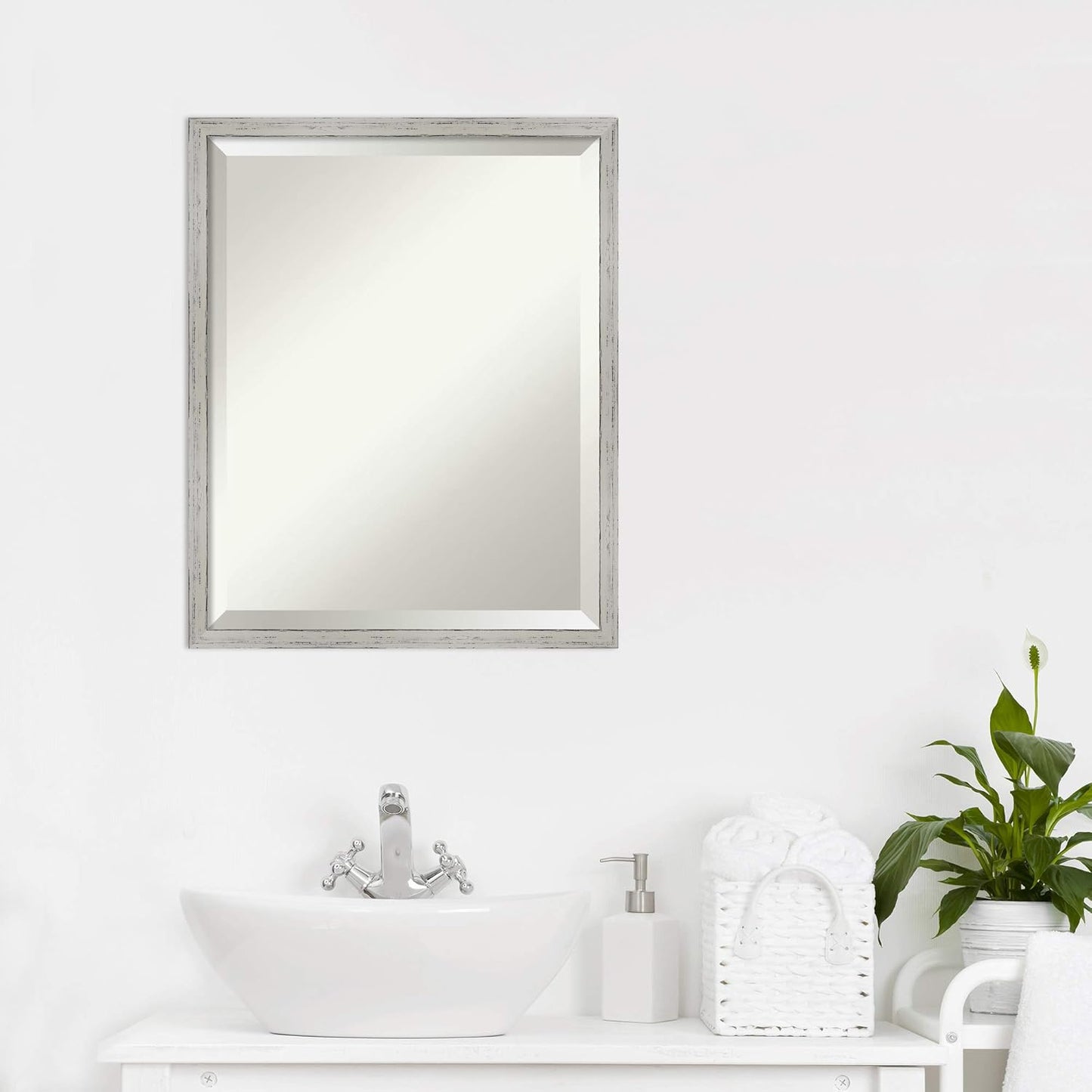 Amanti Art White Bathroom Mirror for Over Sink, 21x17 Shiplap White Narrow Rectangle Vanity Mirror, Small Coastal Wood Frame, Hangs Horizonally and Vertically, Bathroom Wall Decor, Beveled Edge