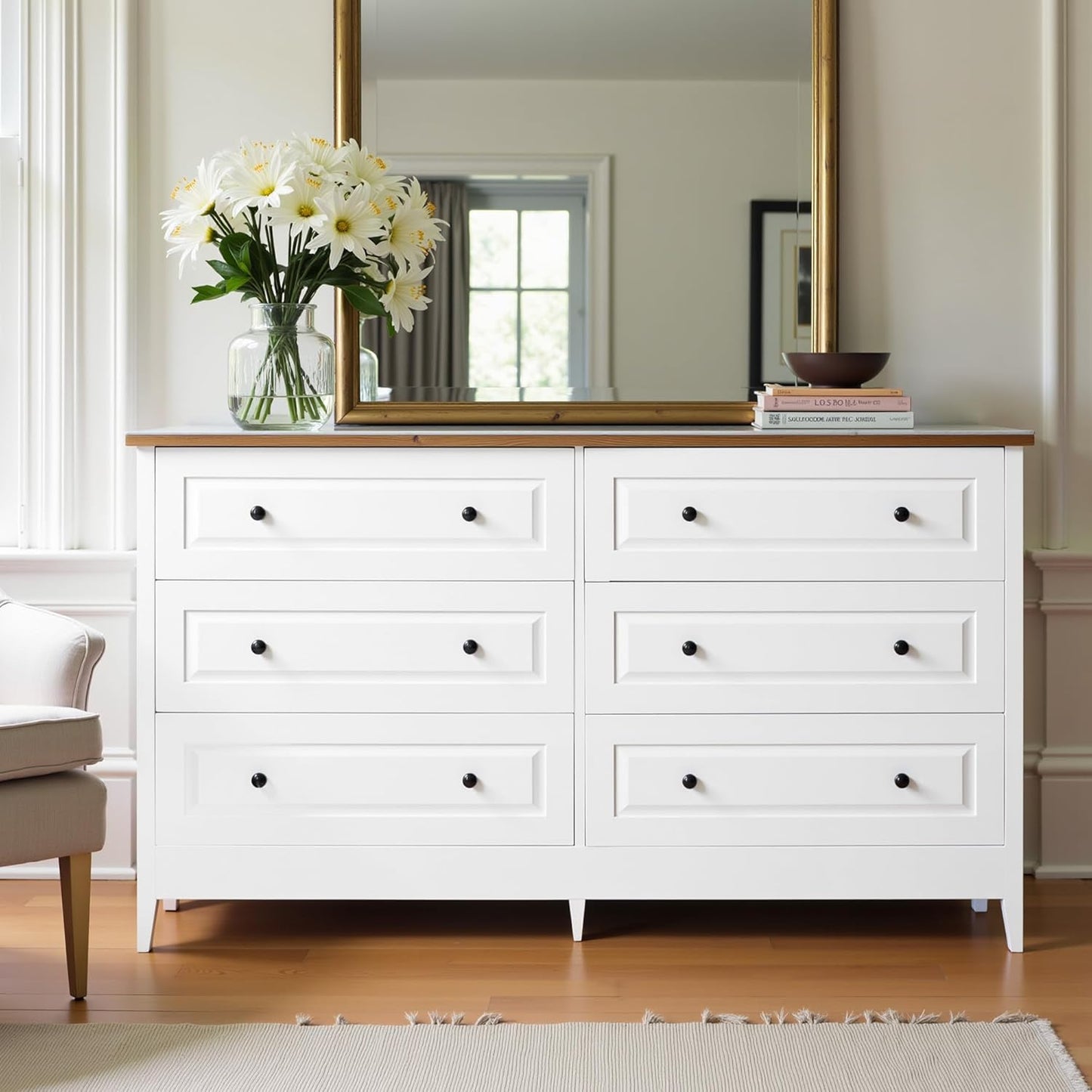 Farmhouse 6 Drawers Dresser for Bedroom, 55.5" Wide Wood Chest of Drawers with Metal Handle, Tall Storage Dressers Organizer for Living Room, Hallway, Ivory White