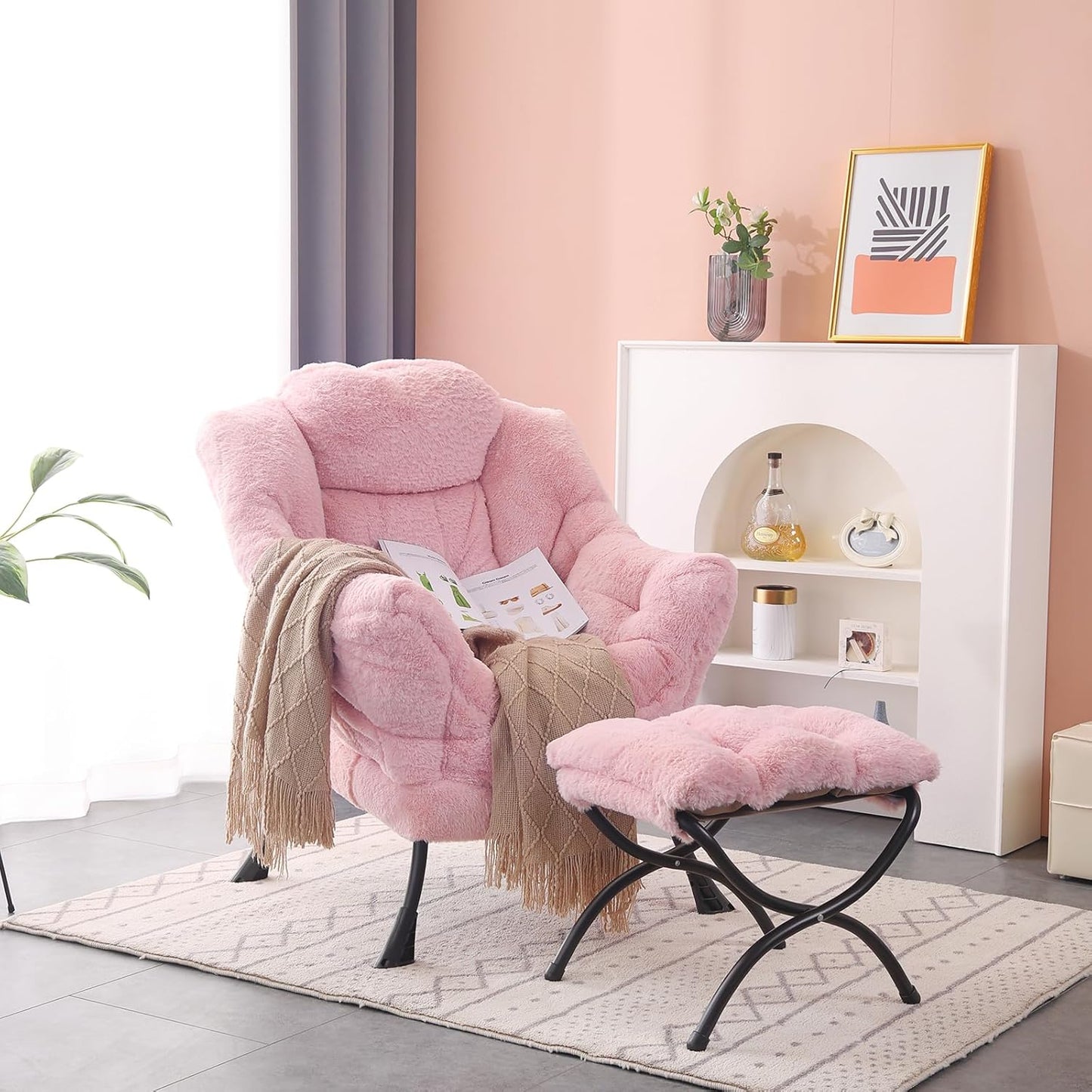 Lazy Chair with Folding Ottoman, Modern Accent Lounge Armchair with Armrests and a Side Pocket & Foldable Footstool, Leisure Reading Chair for Living Room, Bedroom, Dorm & Office, Plush Pink