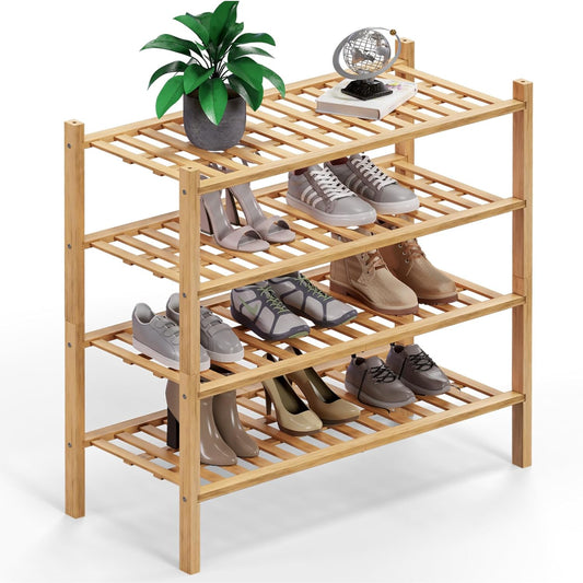 Haddockway 4 Tier Bamboo Shoe Rack Storage Organizer, Multifunctional Free Standing Stackable Shoe Shelf with Grid Panel for Closet,Hallway,Entryway,Small Space 27"x11"x26" (Natural, 4 Tier)