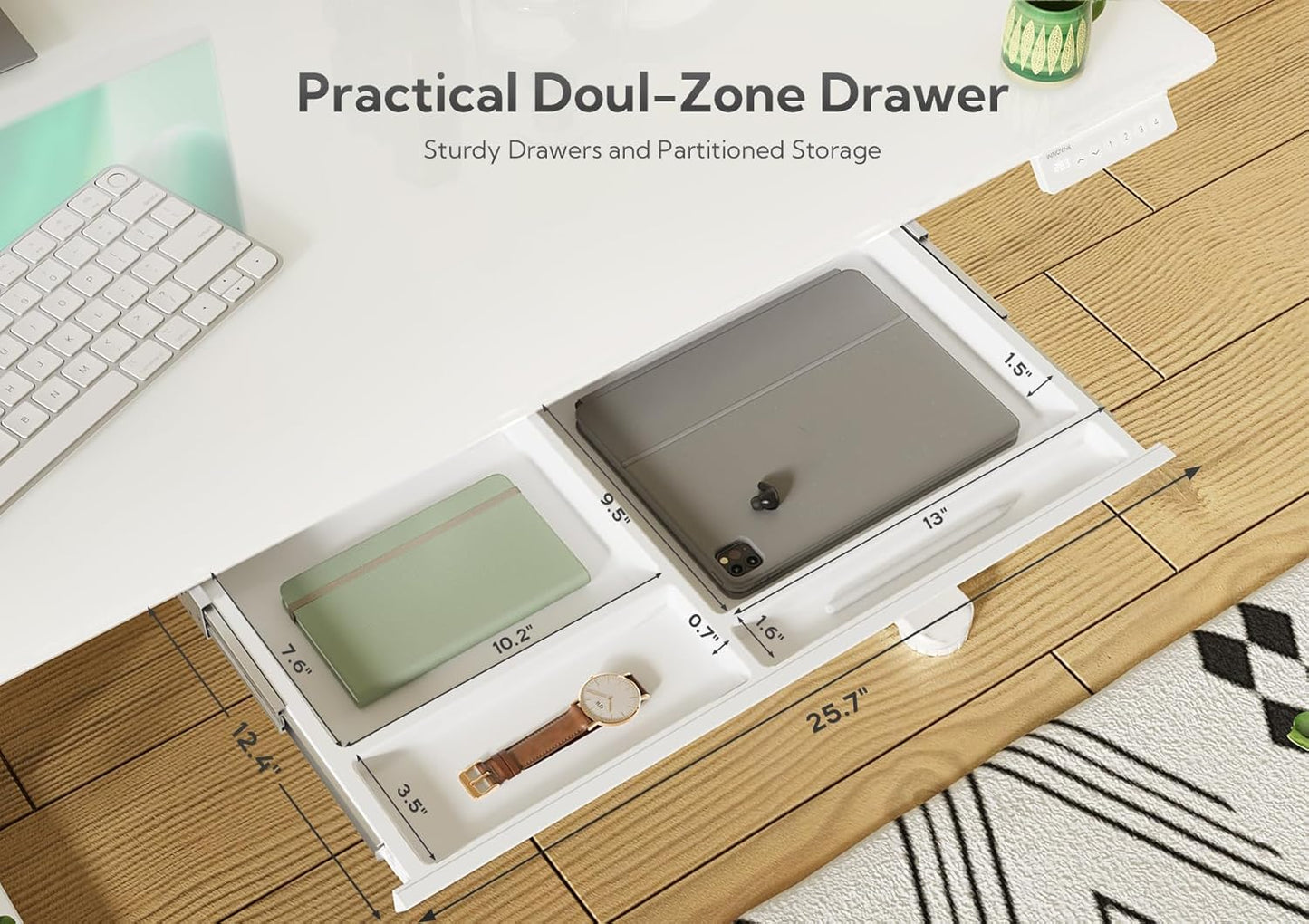 INNOVAR Glass Standing Desk with Drawers, 55×27.6 Inch Adjustable Stand Up Desk Quick Install Home Office Computer Desk, Super White