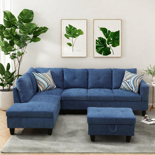 Modern Living Room Furniture Sets with Pillows, Modular Sectional Couches with Chaise Lounge, 4-Seaters L Shape Sofa with Storage Ottoman, for Living Room, Blue