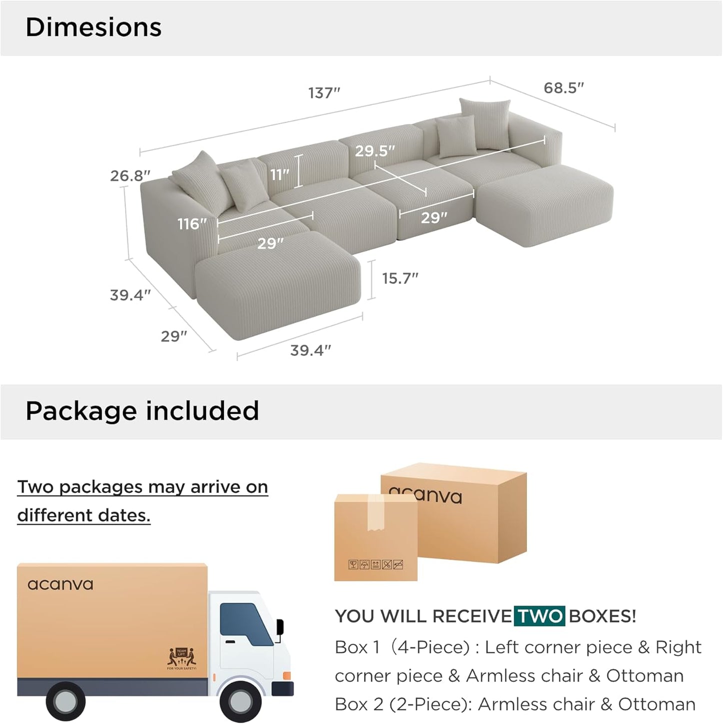 Acanva Convertible Modular Sectional Sofa with Movable Ottomans, Free Combination Corduroy Couch for Living Room Apartments, U-Shaped, White