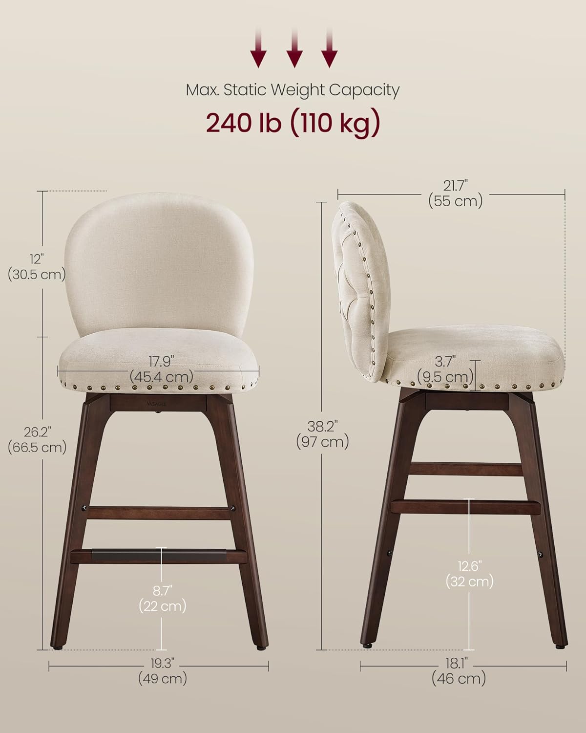 VASAGLE Bar Stools Set of 2, Swivel Counter Height Bar Stools with Back and Wood Legs, Chenille Fabric Upholstered Barstools, 26.2-Inch Tall Counter Barstools for Kitchen Island, Cappuccino Beige