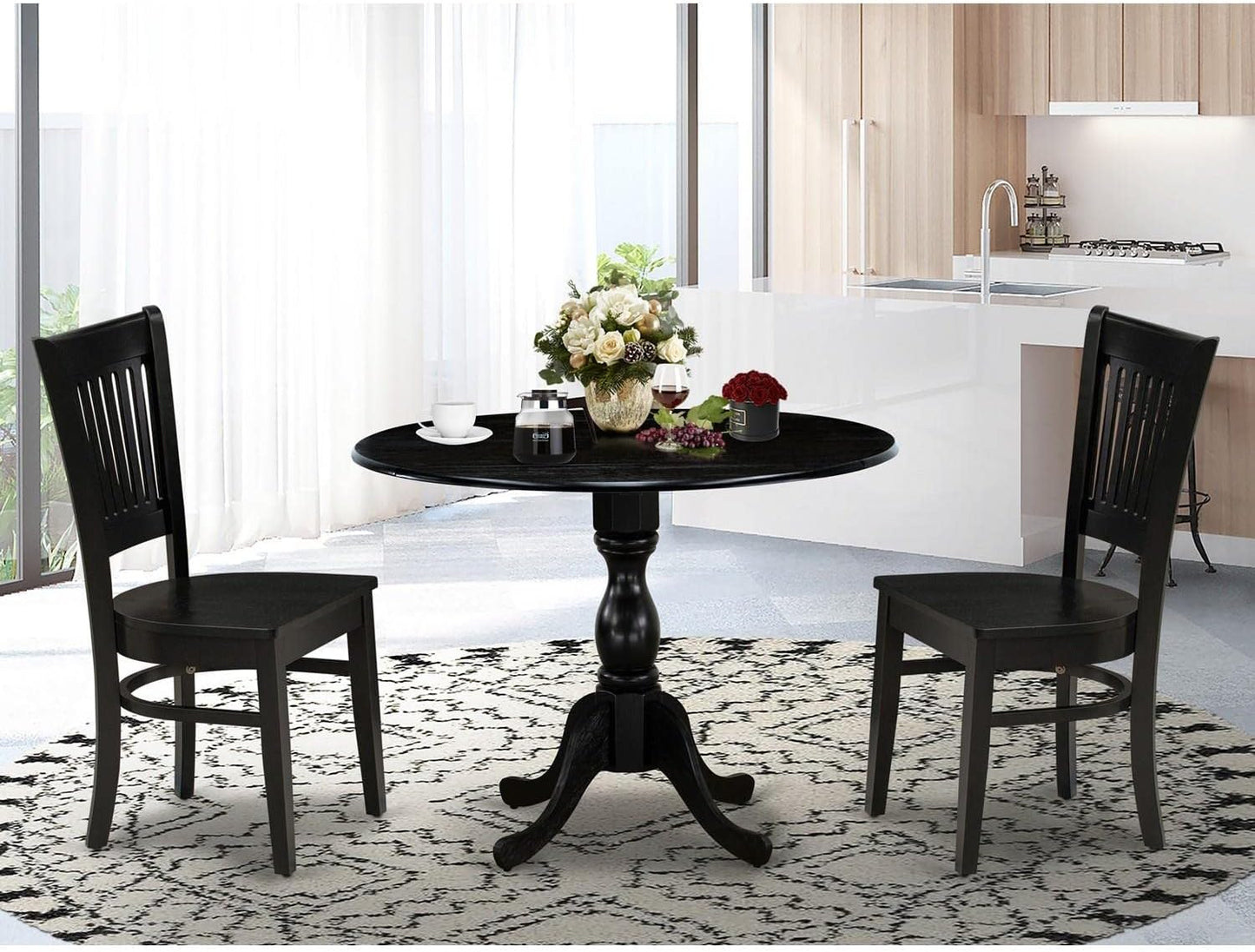 East West Furniture DMVA3-BLK-W 3 Piece Dinette Set for Small Spaces Contains a Round Dining Table with Dropleaf and 2 Dining Chairs, 42x42 Inch, Black