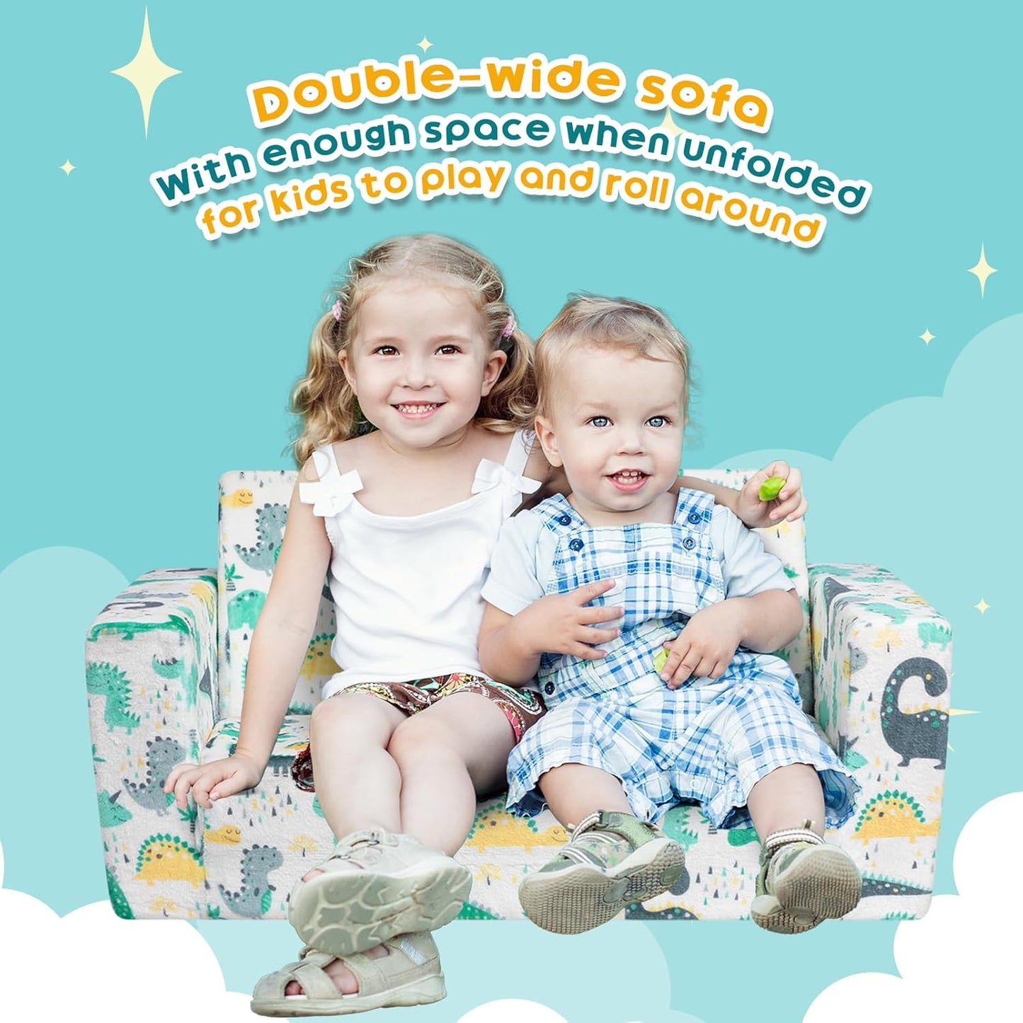 ALIMORDEN Fold Out Toddler Couch, Extra Wide Comfy 2-in-1 Cuddly Sherpa Sofa for Kids, with Removable Baby Friendly Blanket, Convertible Sofa to Bed, Dinosaur