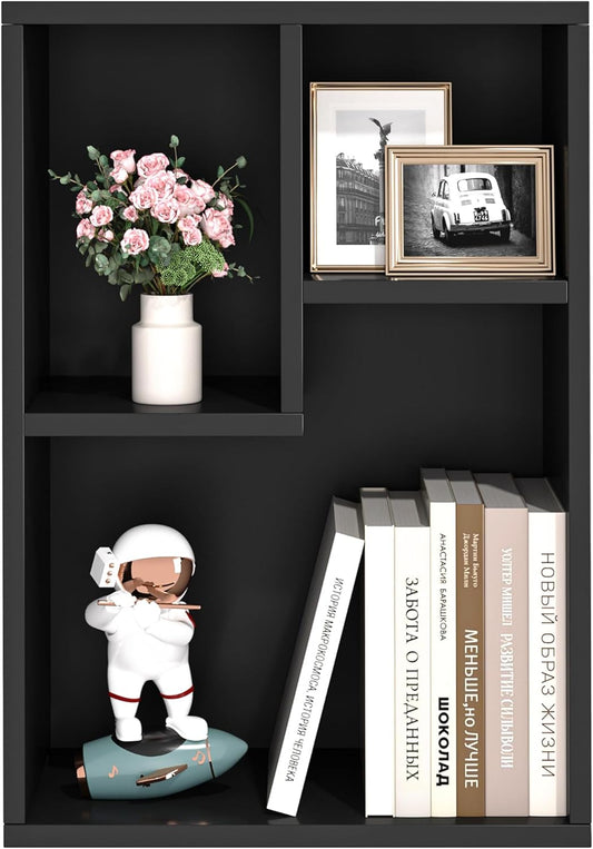 VECELO 3-Cube Bookshelf, Fits Tallest Hardcovers, Horizontal Available, Modern Bookcase, Cubby Storage Organizer for Small Space, Bedroom, Living Room,Black