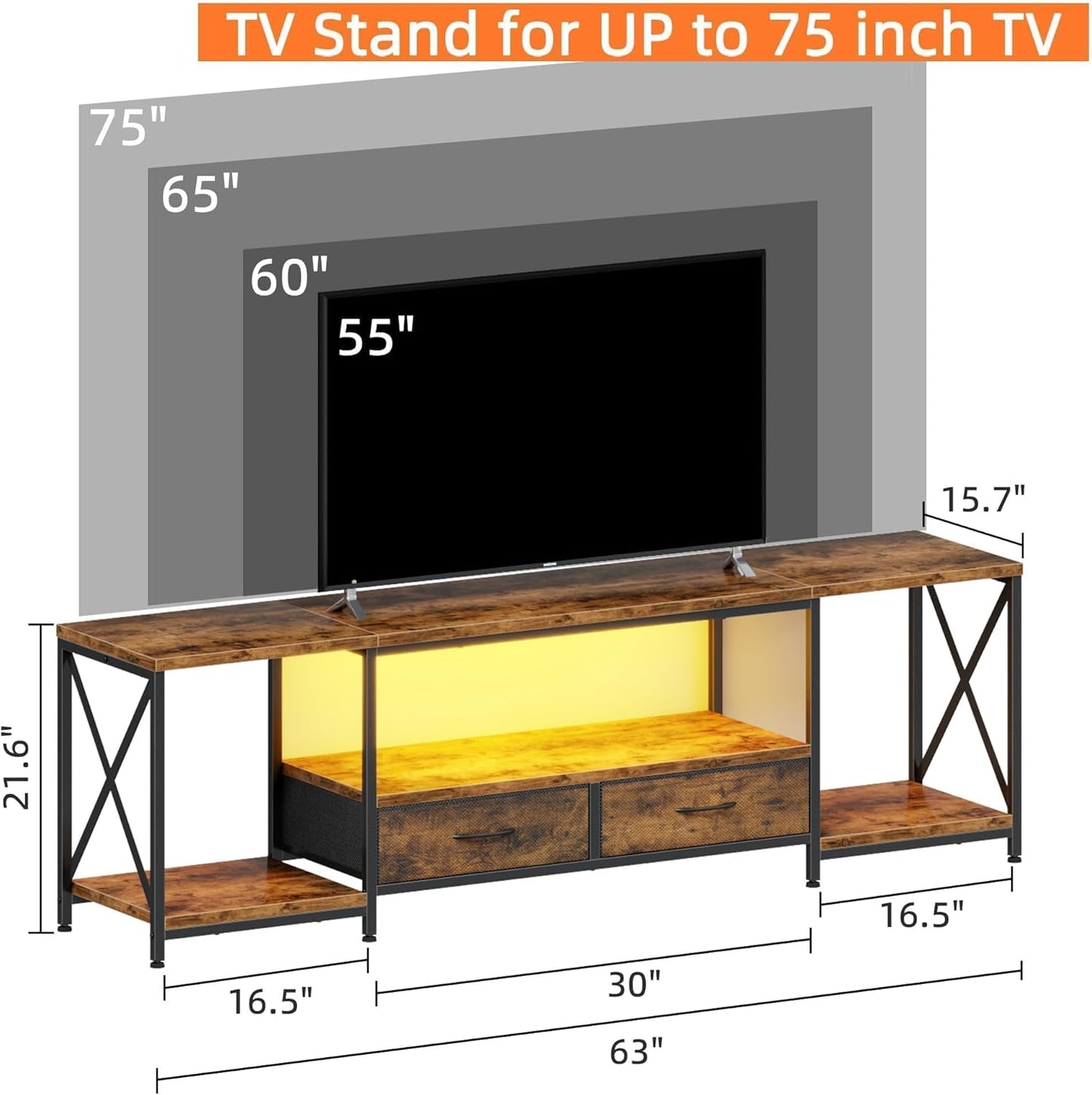 LED TV Stand for 75 70 Inch TV with Fabric Drawers LED Entertainment Center Television Stands with Storage Shelves for Living Room, Bedroom, TV Console Table 63" Rustic Brown