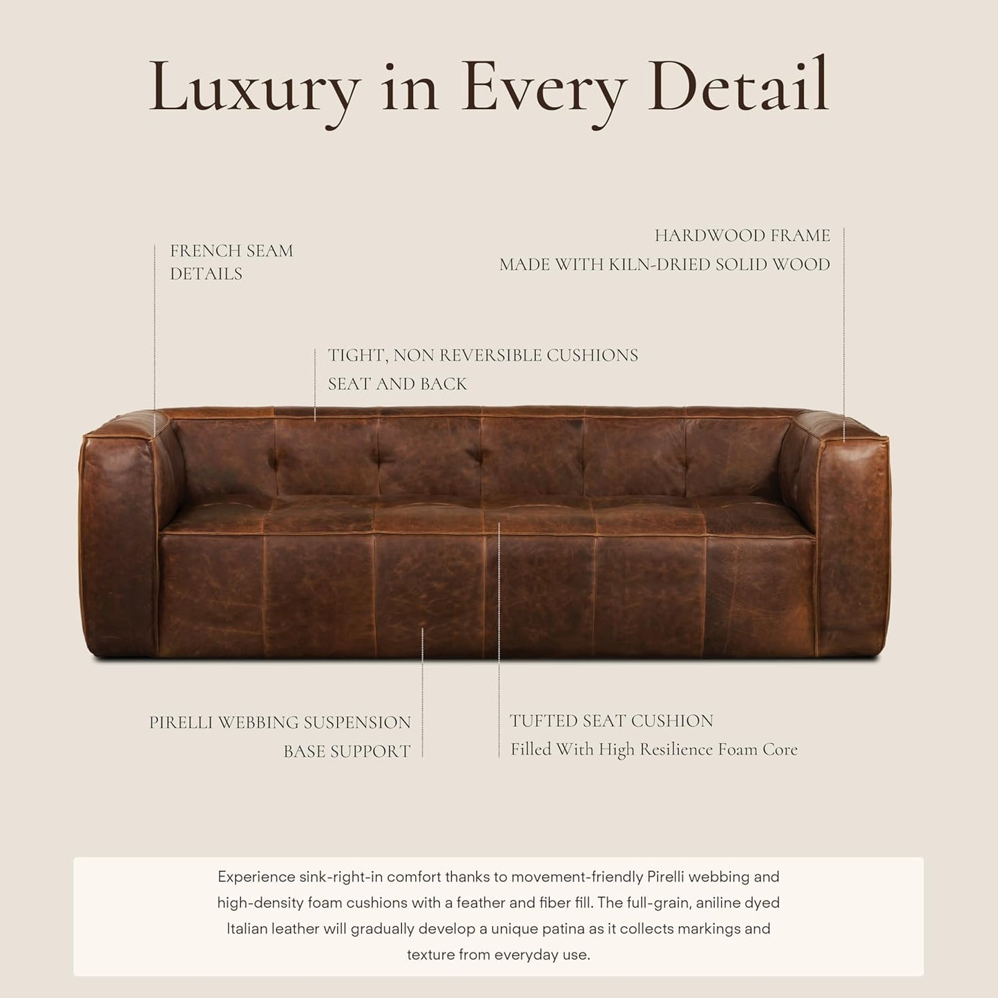 Poly & Bark Capa Leather Couch - 92 Inch Sofa - Pure-Aniline Leather Sofa for Living Room with French Seam Details - Living Room Couch - Full-Grain Vintage Italian Leather in Chocolate Brown
