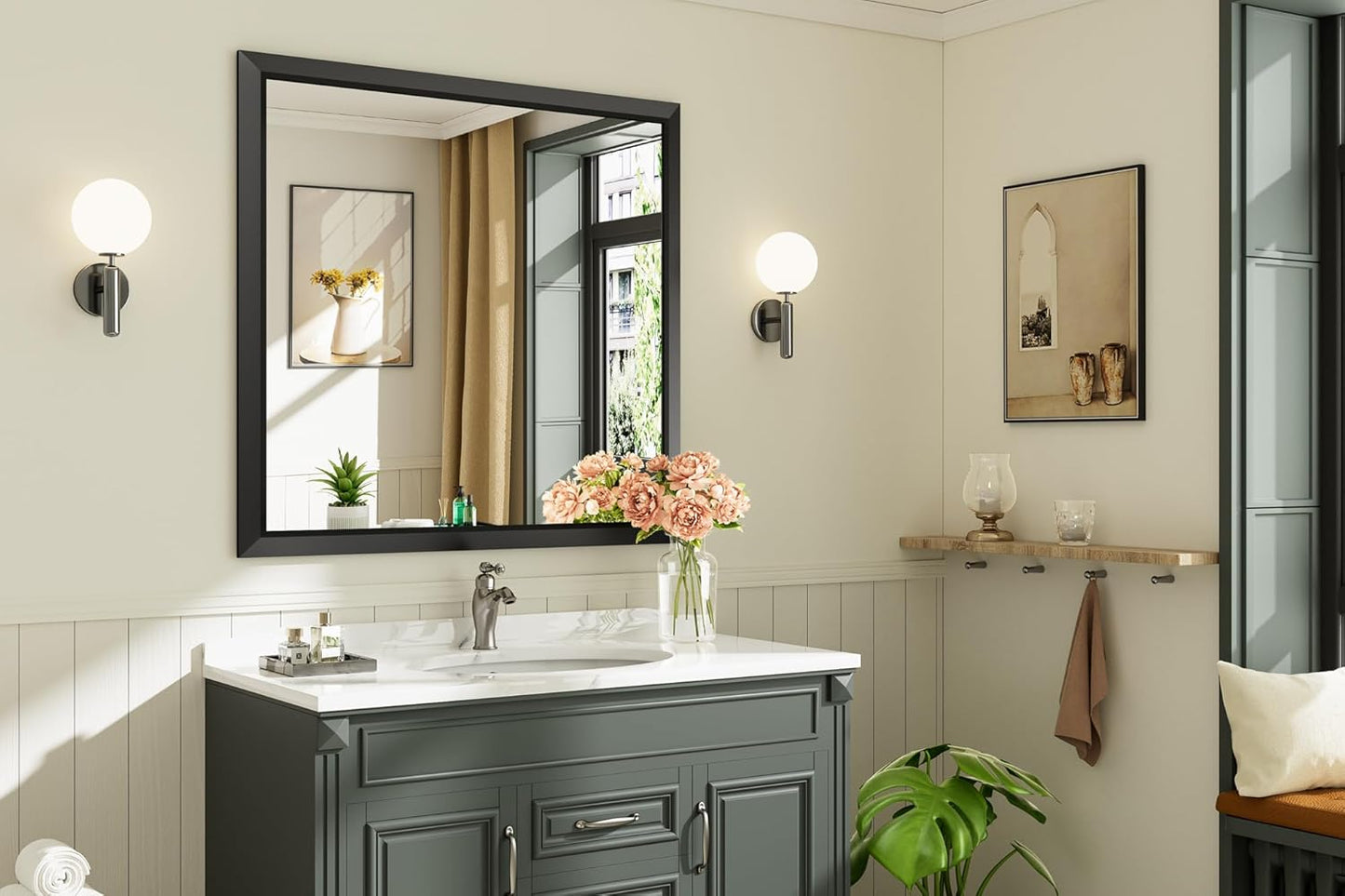 40x38 Inch Black Bathroom Mirror for Wall, Thick Metal Framed Rectangle Mirrors for Over Sink, Bedroom, Living Room, Entryway, Anti-Rust, HD Tempered Glass