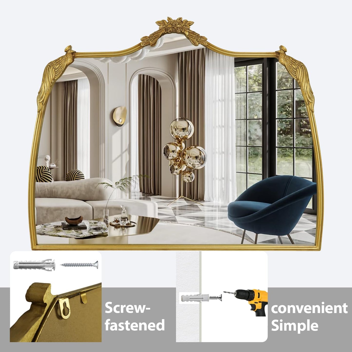 Baroque Mirror with Gold Vintage Decoration, Antique Brass Wall Mounted Mirror for Fireplace/Living Room/Hallway/Bathroom, Retro Palace Style for Decoration