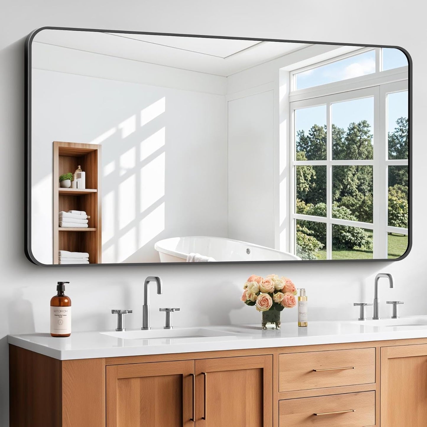 Bathroom Mirror, 30"x55" Black Rectangle Wall Mirror, Metal Frame Rounded Corner Vanity Mirror, Large Wall Mounted Mirror for Modern Bedroom Living Room Horizontal Or Vertical Mounting