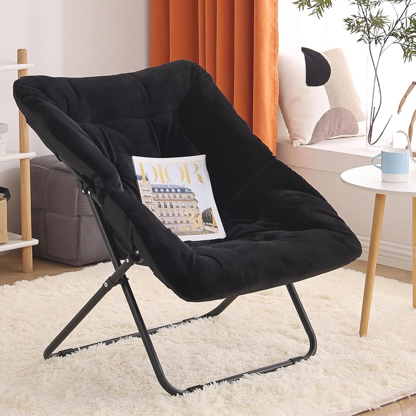 Saucer Chair, Comfy Bedroom Chairs, Oversized Folding Faux Fur Chair, Foldable Metal Frame Chair for Bedroom, Patio, Study, Playroom (Black)