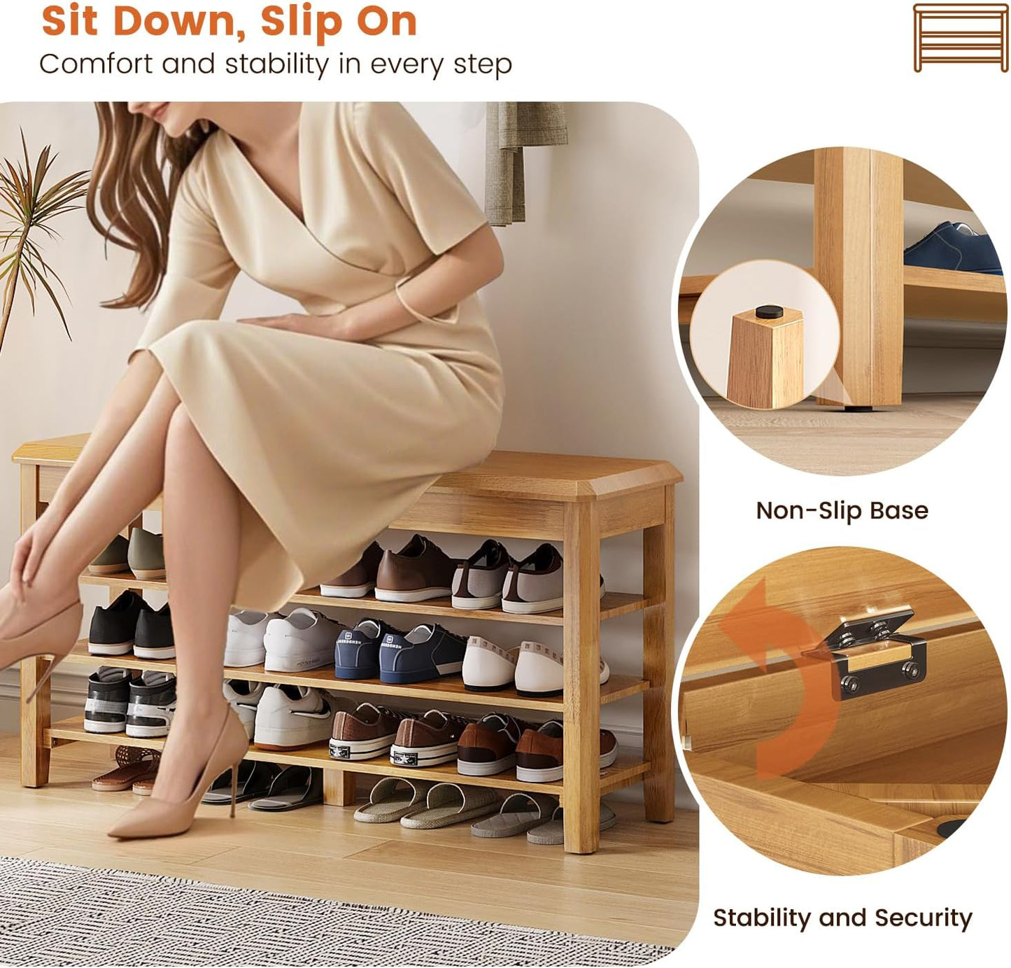 Shoe Rack Bench Seat Rubberwood 3-Tier Wooden Storage Bench 550lbs Compact Mid-Century Modern Design for Entryway, Hallway, Closet, Front Door Entrance, Foyer