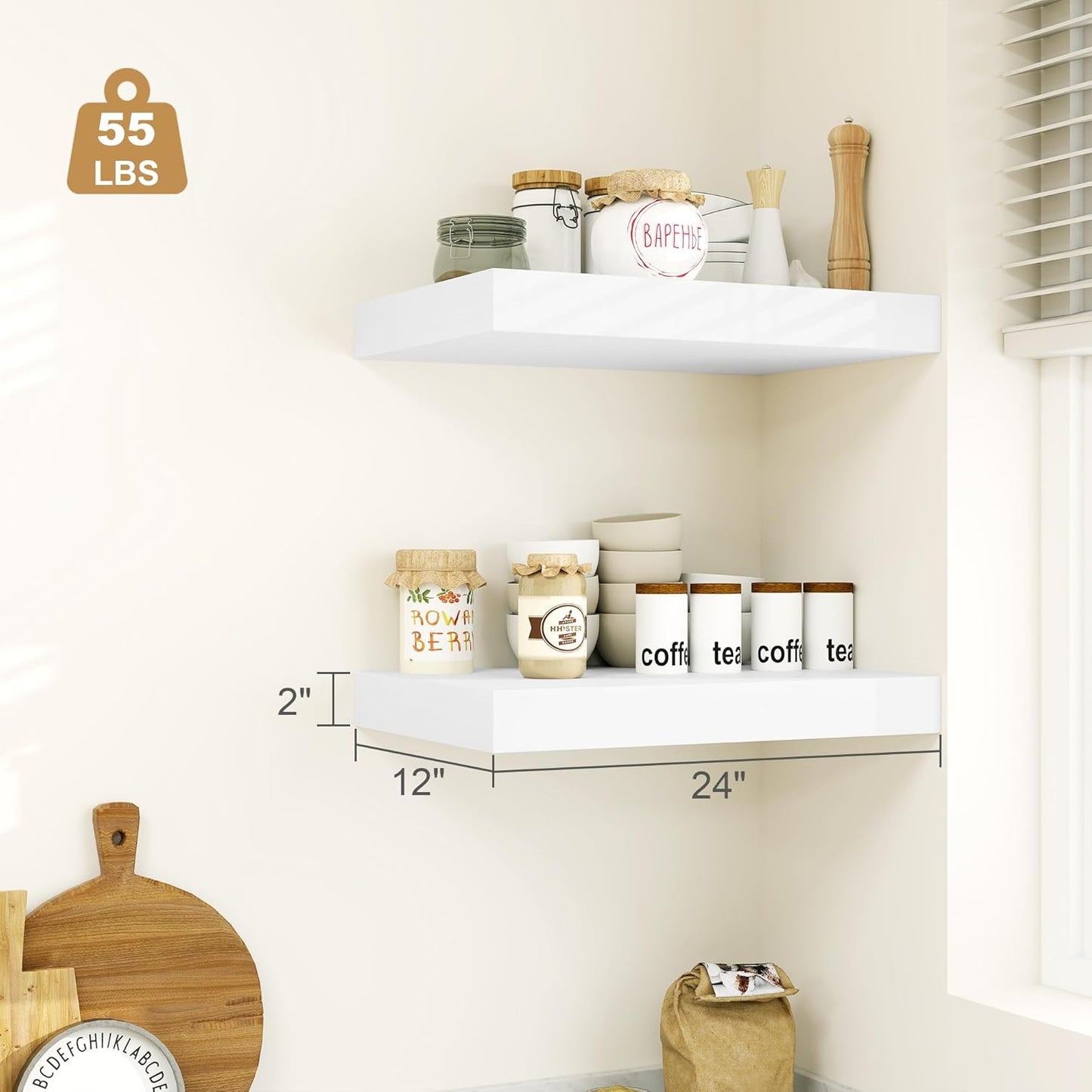 Heimlove 12" Deep White Floating Shelves for Wall, 24 Inch Wall Shelf Bathroom Shelves Set of 1, Wall Mounted Shelves for Books Living Room Laundry Room Bedroom Kitchen Home Office