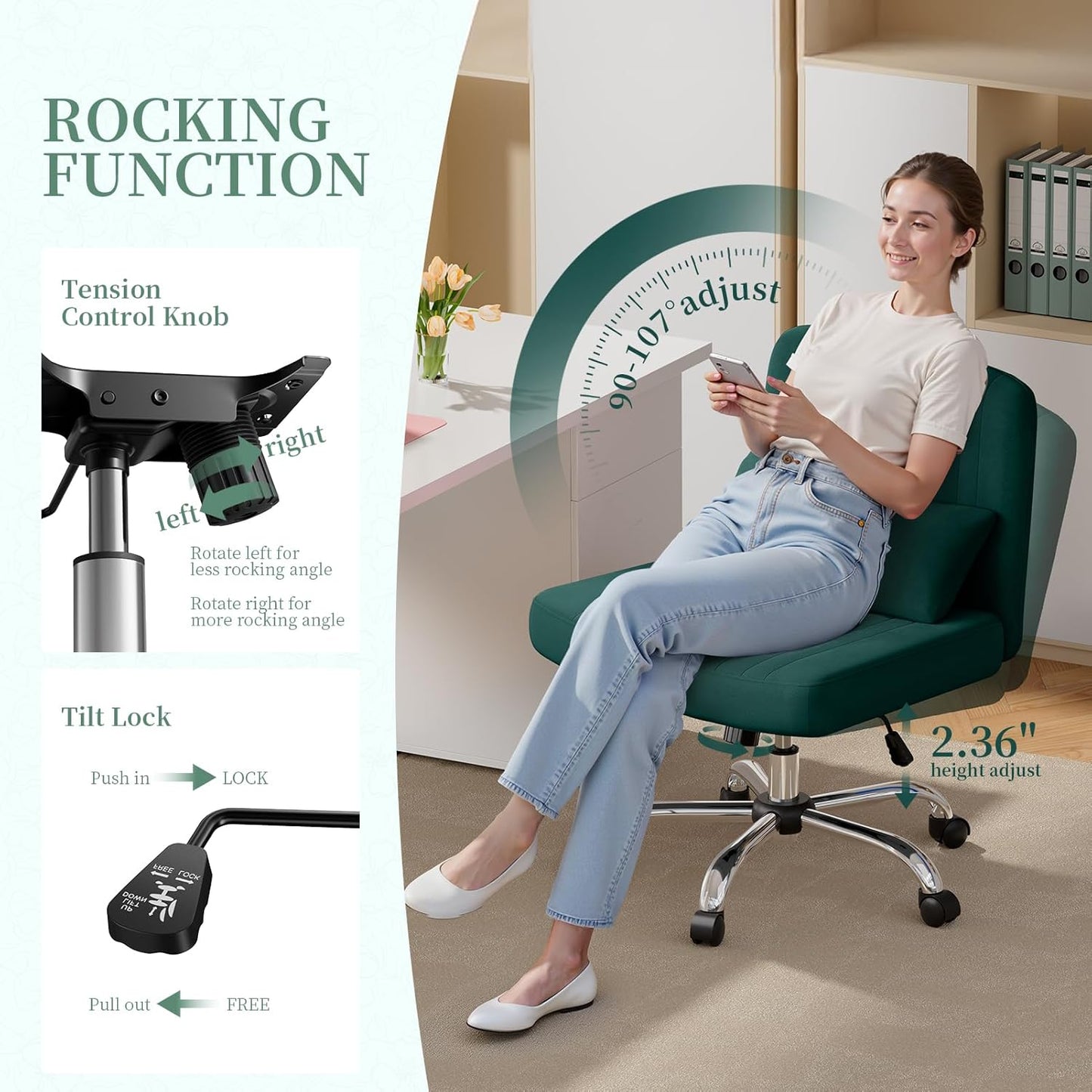 Warmiehomy Criss Cross Office Chair with Wheels, Velvet Cross-Legged Desk Chairs for Home, Armless Height Adjustable Swivel Wide Seat Computer Chair, Morden Vanity Chair for Women, Dark Green