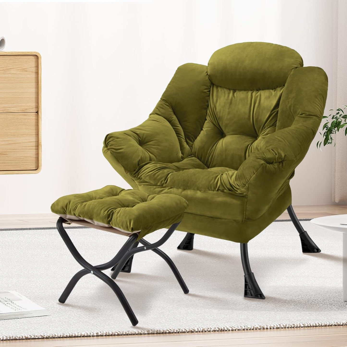 Lazy Chair with Folding Ottoman Modern Large Accent Chair,Contemporary Lounge Leisure Sofa Chair with Armrests Upholstered Sofa Armchair Reading Chair for Bedroom,Dorm & Office(Green-f)