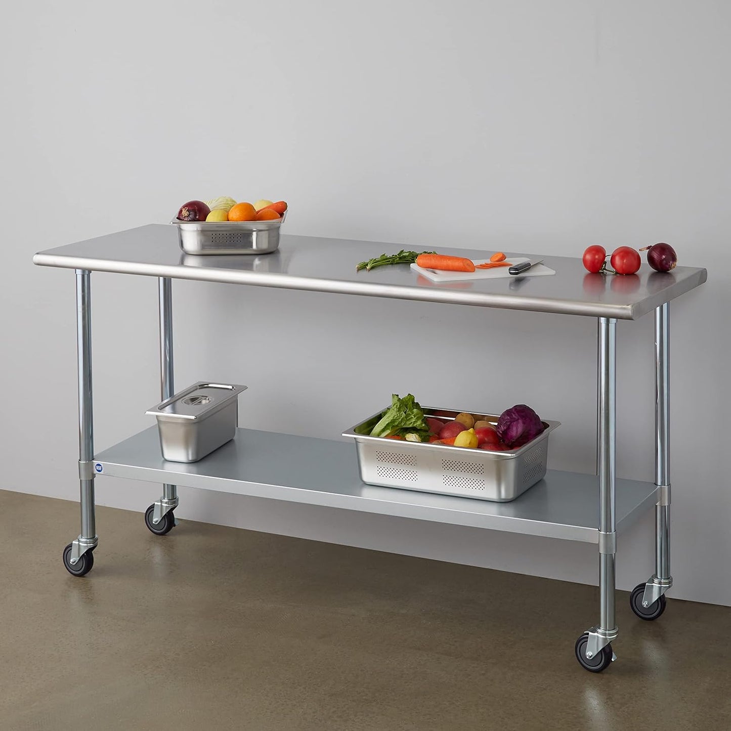 ROCKPOINT Stainless Steel Table for Prep & Work with Caster Wheels 24x72 Inches, NSF Metal Commercial Kitchen Heavy Duty Table with Adjustable Under Shelf and Table Foot for Restaurant, Home and Hotel