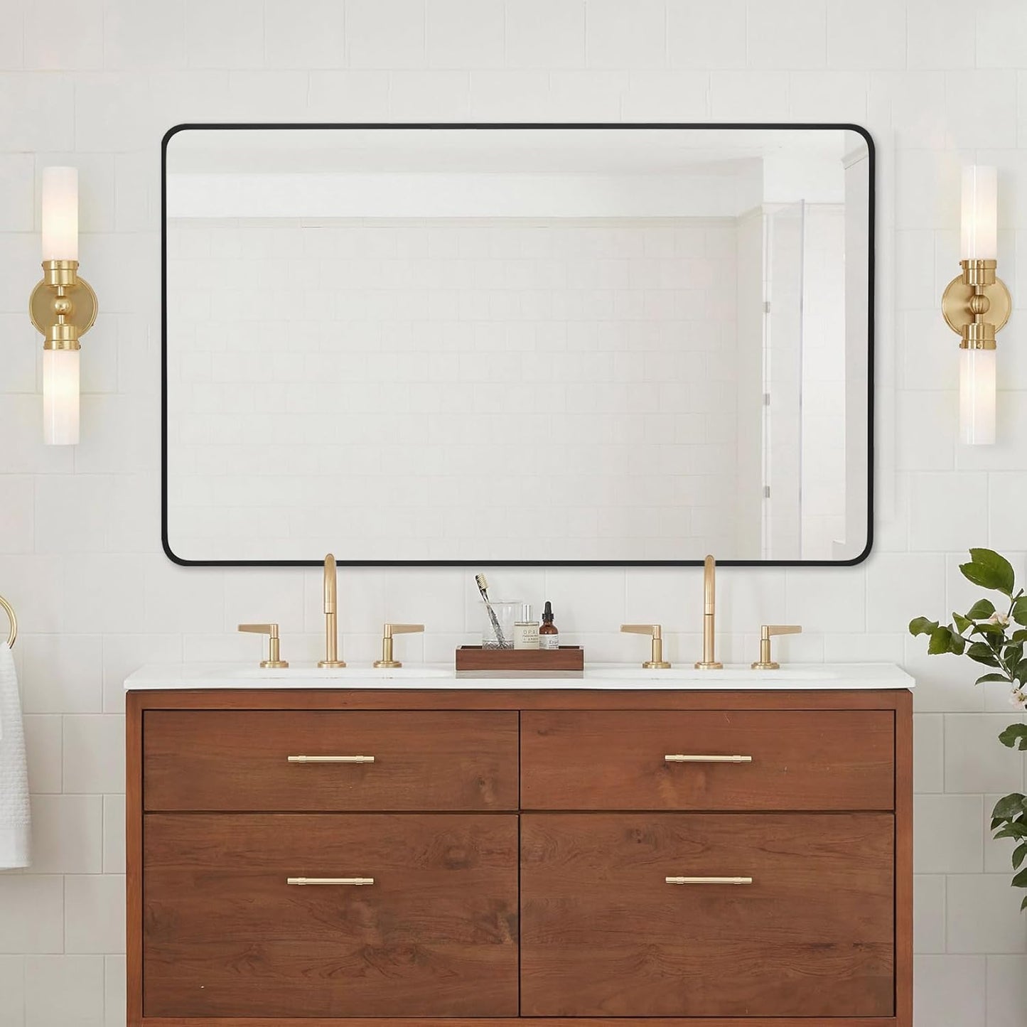 30"x48" Bathroom Wall Mirror with Matte Black Metal Frame & HD Glass, Copper-Free Mirrors Modern Rectangle Round Corner Framed Vanity Mirror - Horizontal or Vertical Installation
