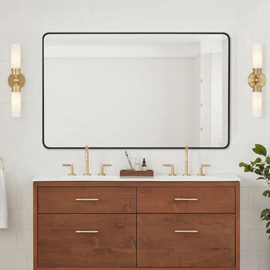 30"x48" Bathroom Wall Mirror with Matte Black Metal Frame & HD Glass, Copper-Free Mirrors Modern Rectangle Round Corner Framed Vanity Mirror - Horizontal or Vertical Installation