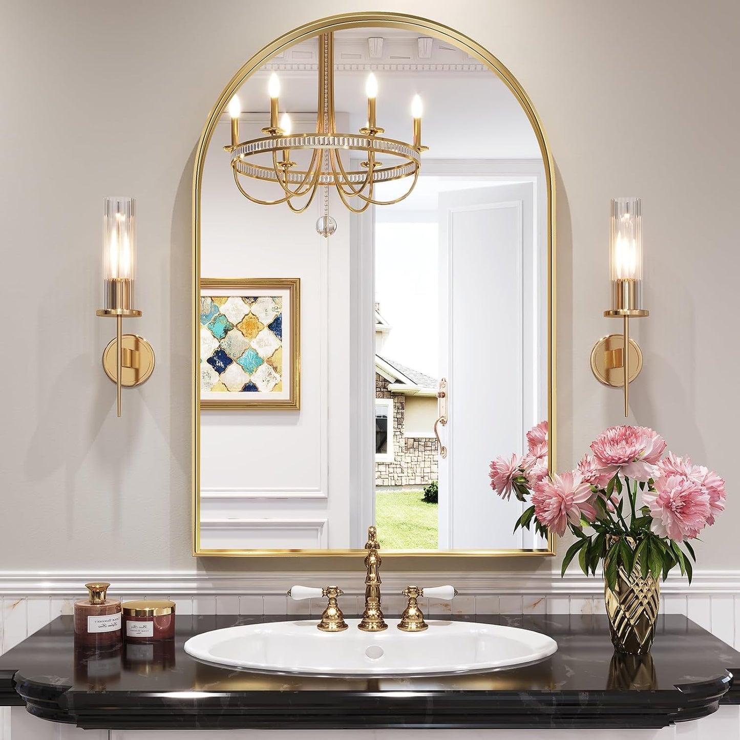 Brightify Arched Mirror, Arched Wall Mirror, 28 x 40 Inch Gold Arch Mirror, Metal Frame Gold Bathroom Mirror, Arched Top Bathroom Vanity Mirror for Living Room Bedroom Mantel Entryway Hallways