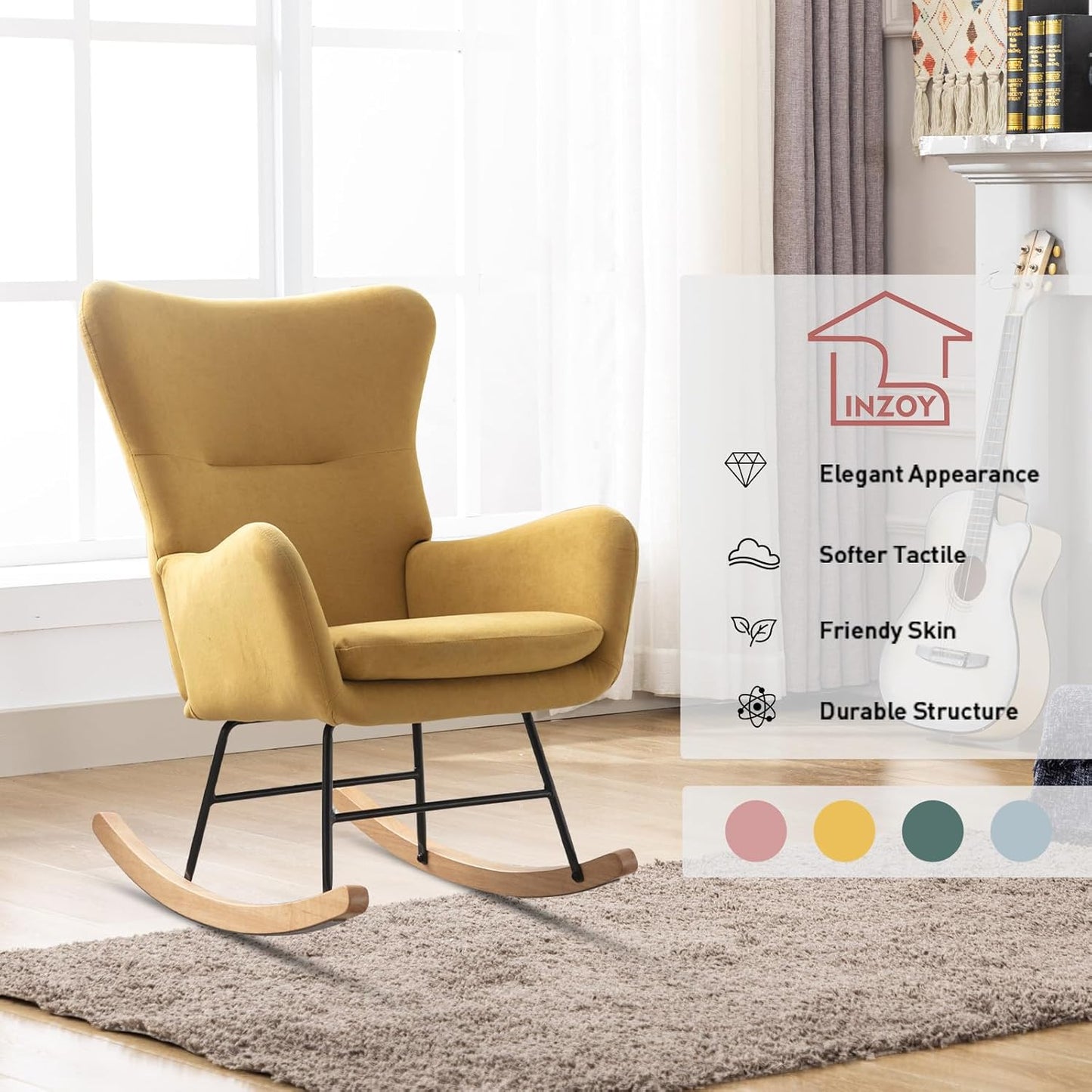 Phoenix Home Rocking Chair Nursery Velvet Upholstered Glider Rocker Rocking Accent Chair Padded Seat with High Backrest Armchair Comfy Side Chair for Living Room Bedroom Offices, Yellow