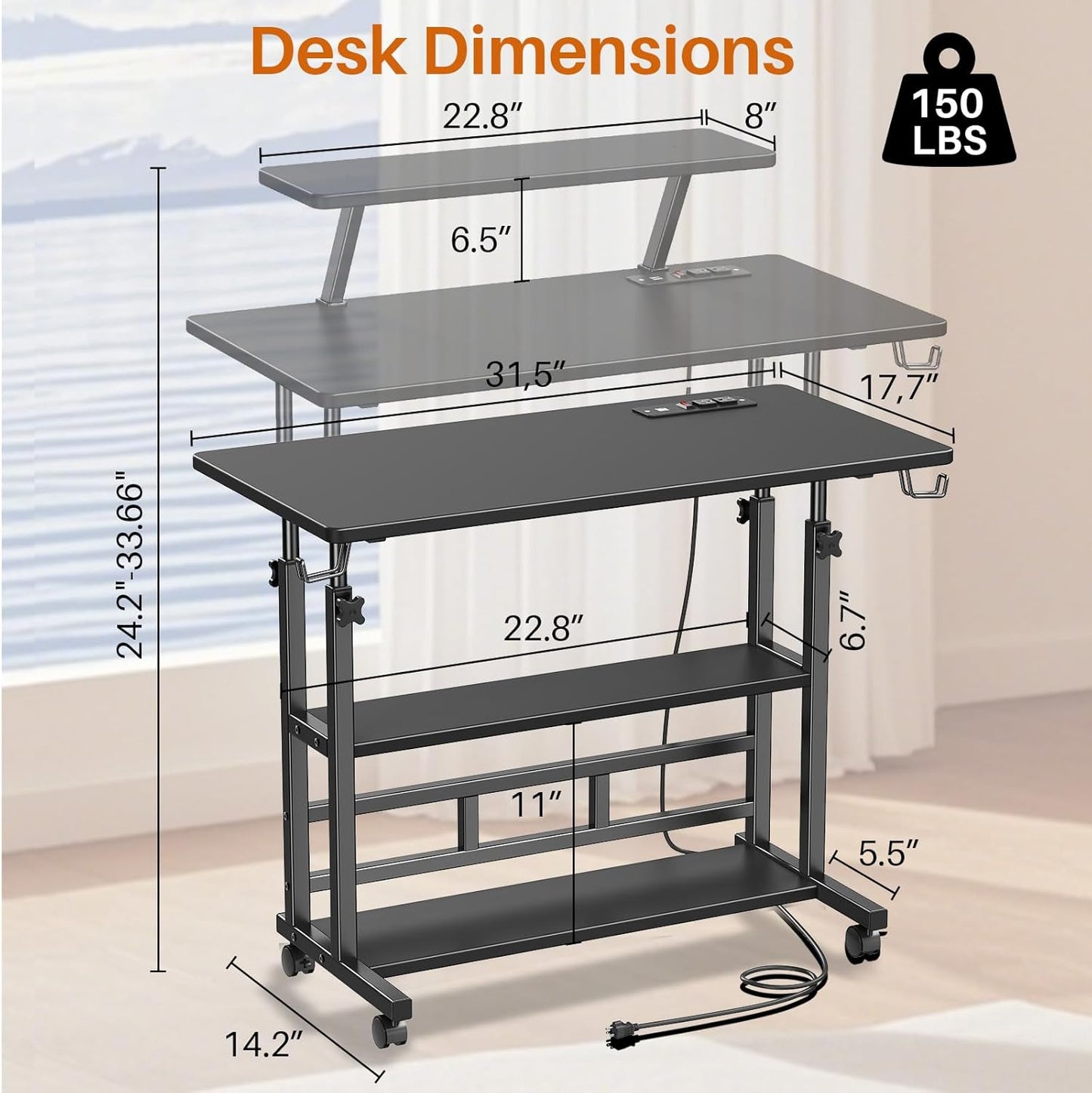 Adjustable Height Standing Desk with Power Outlets, Rolling Stand Up Desk with Monitor Stand and Storage Shelves, 31.5" Small Mobile Computer Desk, Portable Laptop Table (Black with Monitor Stand)