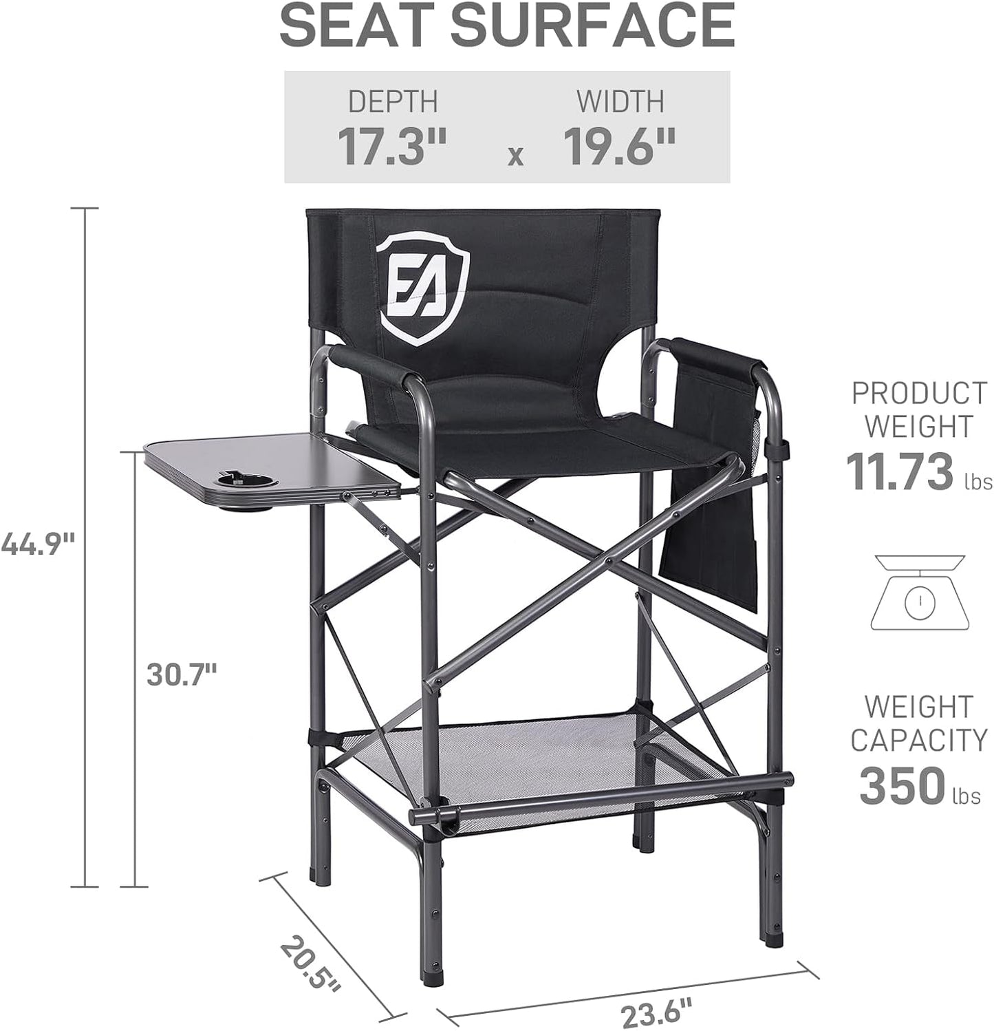 EVER ADVANCED 2 Piece 30.7" Seat Height Directors Chairs for Makeup Artist with Side Table Easy Get in Out for Elderly Tall Camping Chair Supports 350lbs Black