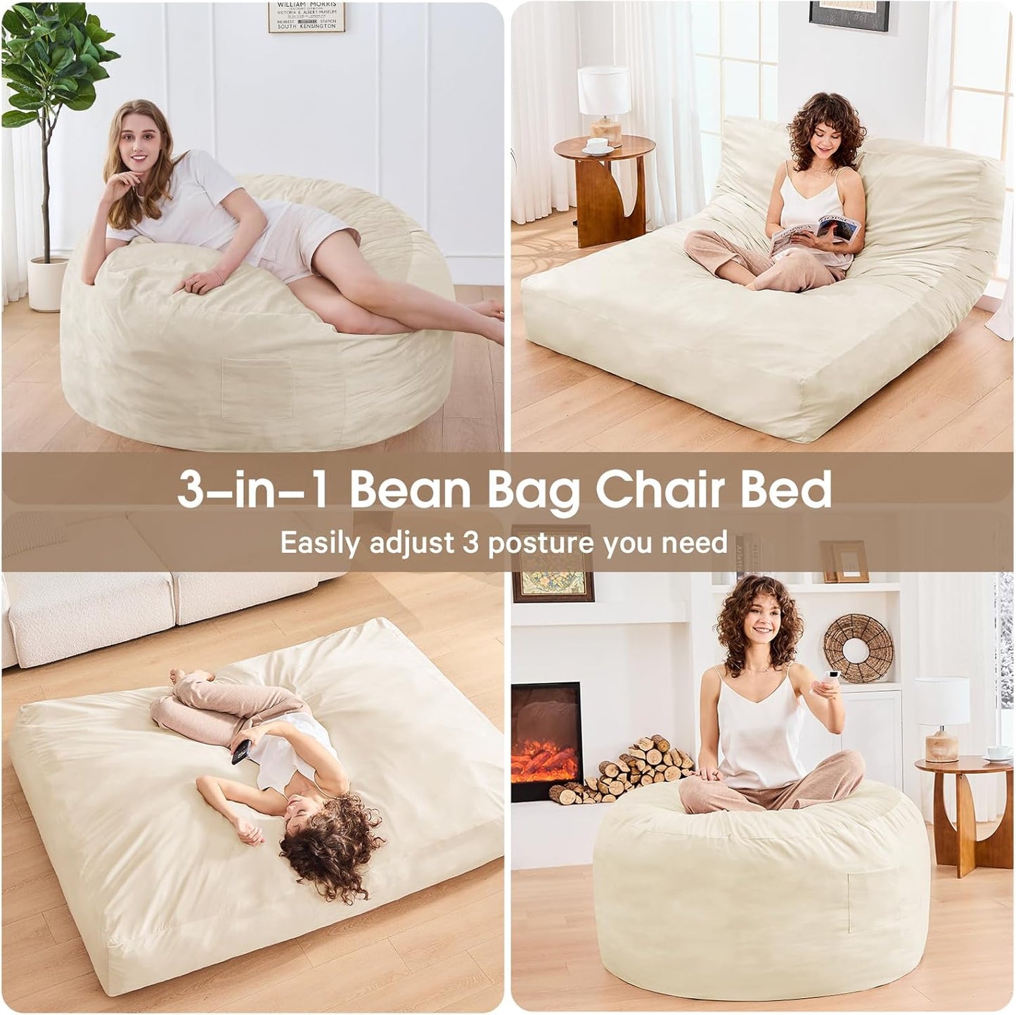Bean Bag Chairs for Adults - Giant Bean Bag Chair Convertible Bean Bag Bed - Beanbag Chair with Micro Fiber Cover/Furniture Foam Filler - Floor Couch Sofa in Bedroom Dorm Room - Queen Beige