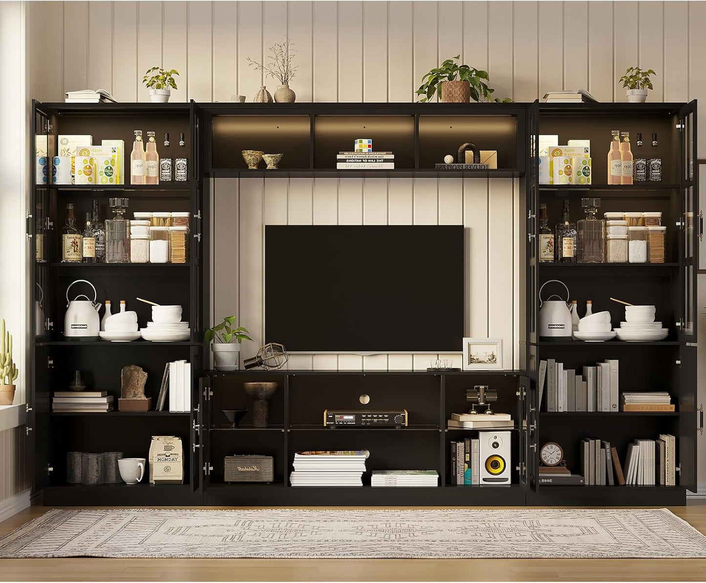 4-Piece Wall Unit TV Stand with Storage & LED Lights for TVs up to 75", Modern Entertainment Center with Bookshelves & 4-Door Pantry Cabinet, Black