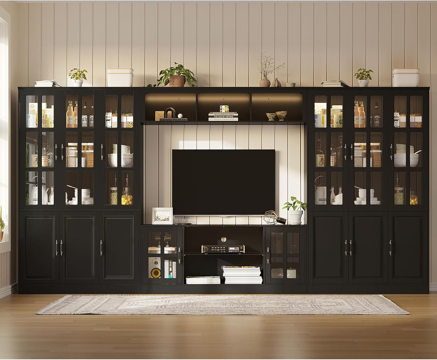 4-Piece Wall Unit TV Stand with Storage & LED Lights for TVs up to 75", Modern Entertainment Center with Bookshelves & 6-Door Pantry Cabinet, Black