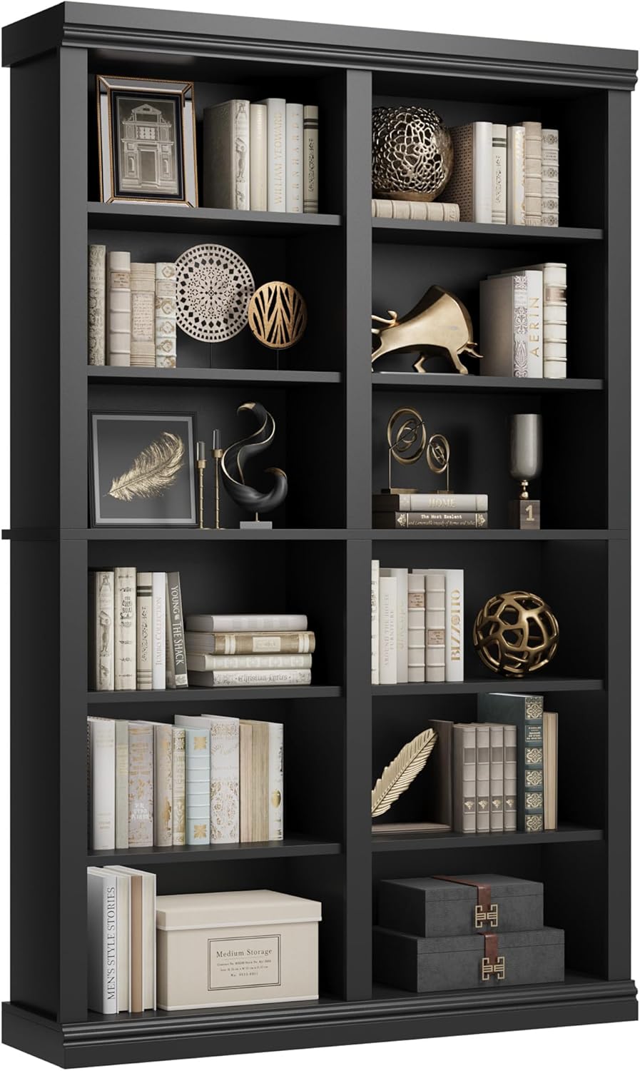 74.5" Tall Bookshelf with Double Storage, Extra Large Bookshelf, 6-Tier Double Wide Bookshelves w/ 12 Cubbies, Wide Freestanding Bookcases for Livingroom Office Library (Black)