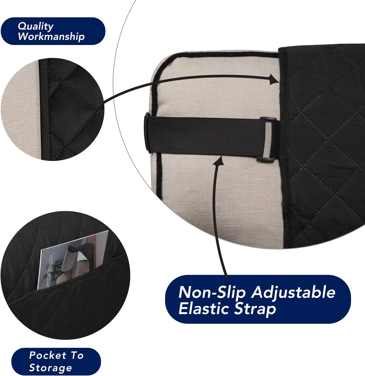 PureFit Reversible Sofa Cover Water Resistant Chair Couch Cover, Machine Washable Furniture Cover with Non-Slip Foam and Adjustable Strap for Dogs, Pets (Chair, Black/Beige)