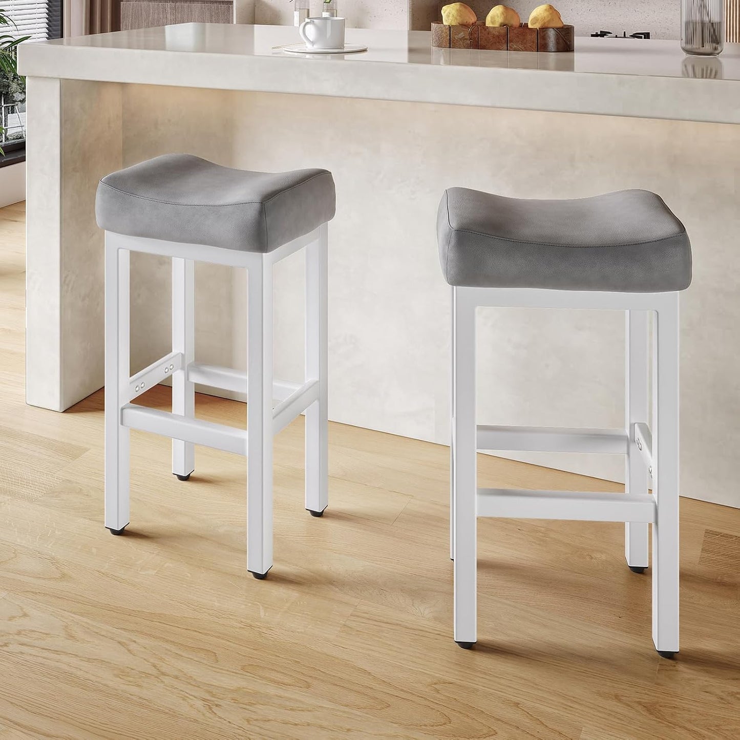 29 Inch Bar Height Bar Stools Set of 2, 29" Barstools for Kitchen Island Counter, Backless Bonded Leather Bar Height Stools with Thick Saddle Seats & Heavy Duty Metal Base, Easy Assembly, Gray/White