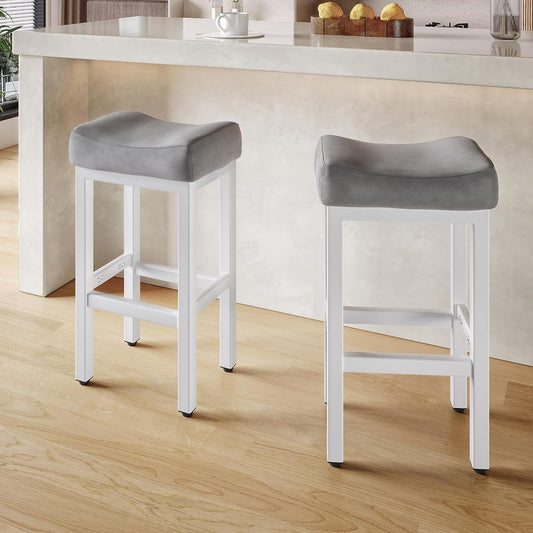 29 Inch Bar Height Bar Stools Set of 2, 29" Barstools for Kitchen Island Counter, Backless Bonded Leather Bar Height Stools with Thick Saddle Seats & Heavy Duty Metal Base, Easy Assembly, Gray/White
