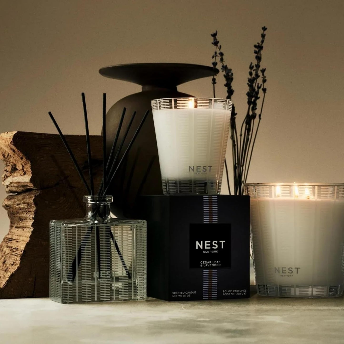 NEST New York Reed Diffuser, Cedar Leaf & Lavender - 5.9 fl oz - Fragrance for Up to 90 Days - Reusable, Refillable Glass Holder - Includes 8 All-Natural Reed Sticks - Flame Free